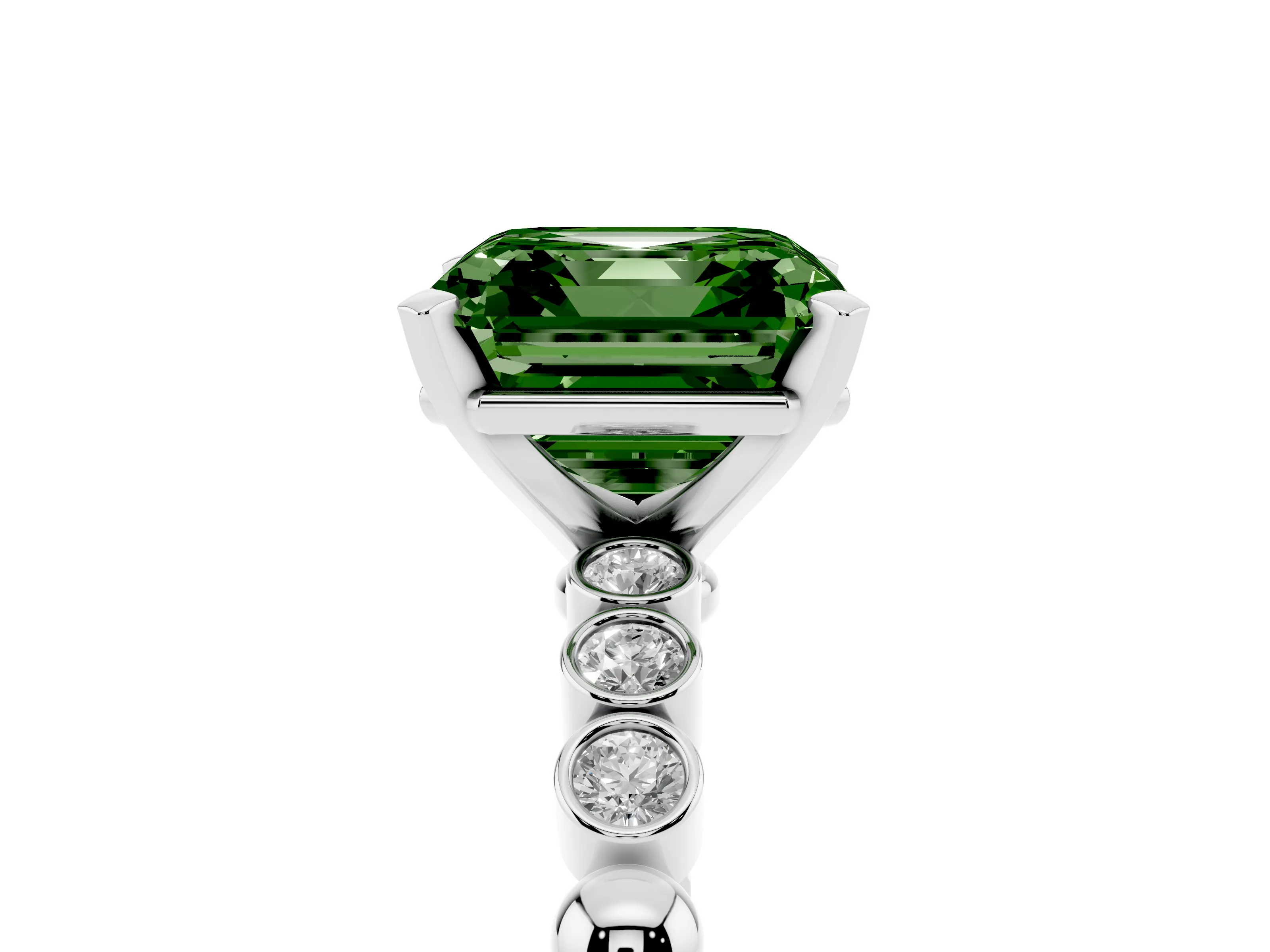 Fancy Green Asscher Cut Diamond Solitaire Engagement Ring Set in White gold with Bezel Accents on Beaded Band