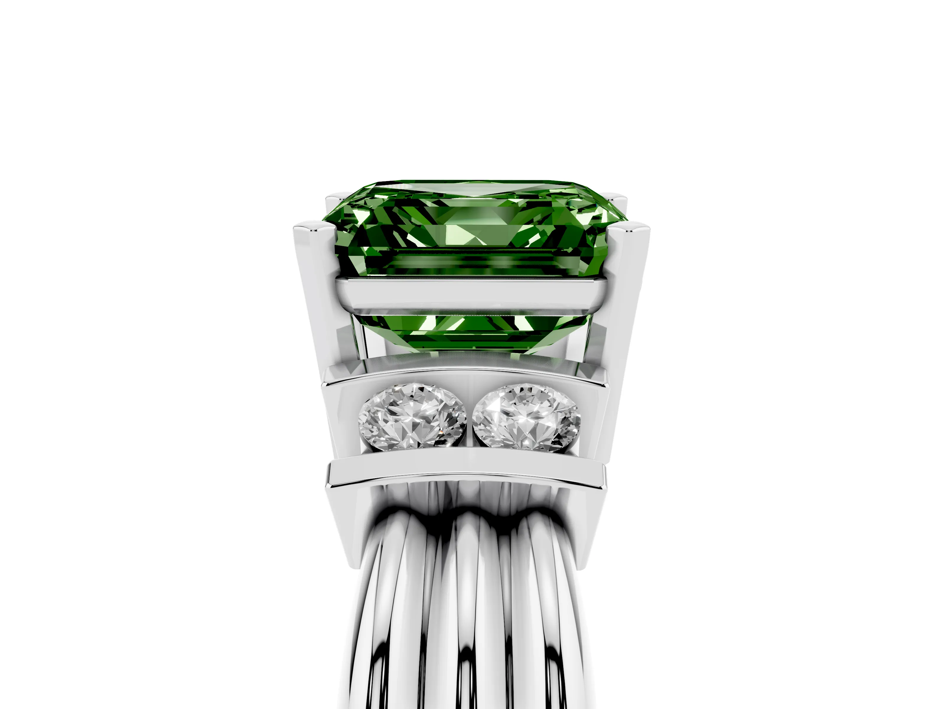Fancy Green Three-Stone Asscher Cut Diamond Channel Set Ring Set in Silver with Bar Prongs