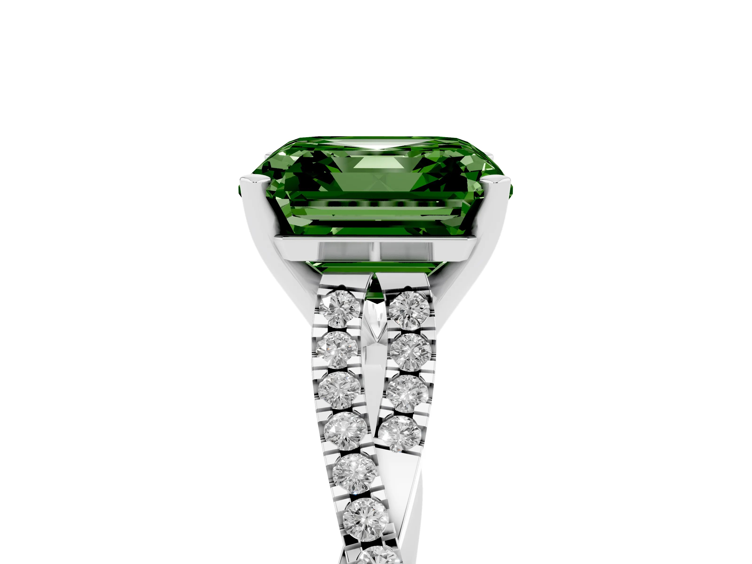 Fancy Green Asscher Cut Diamond Solitaire Engagement Ring Set in White gold with Twisted Pavé Band and Prong Setting