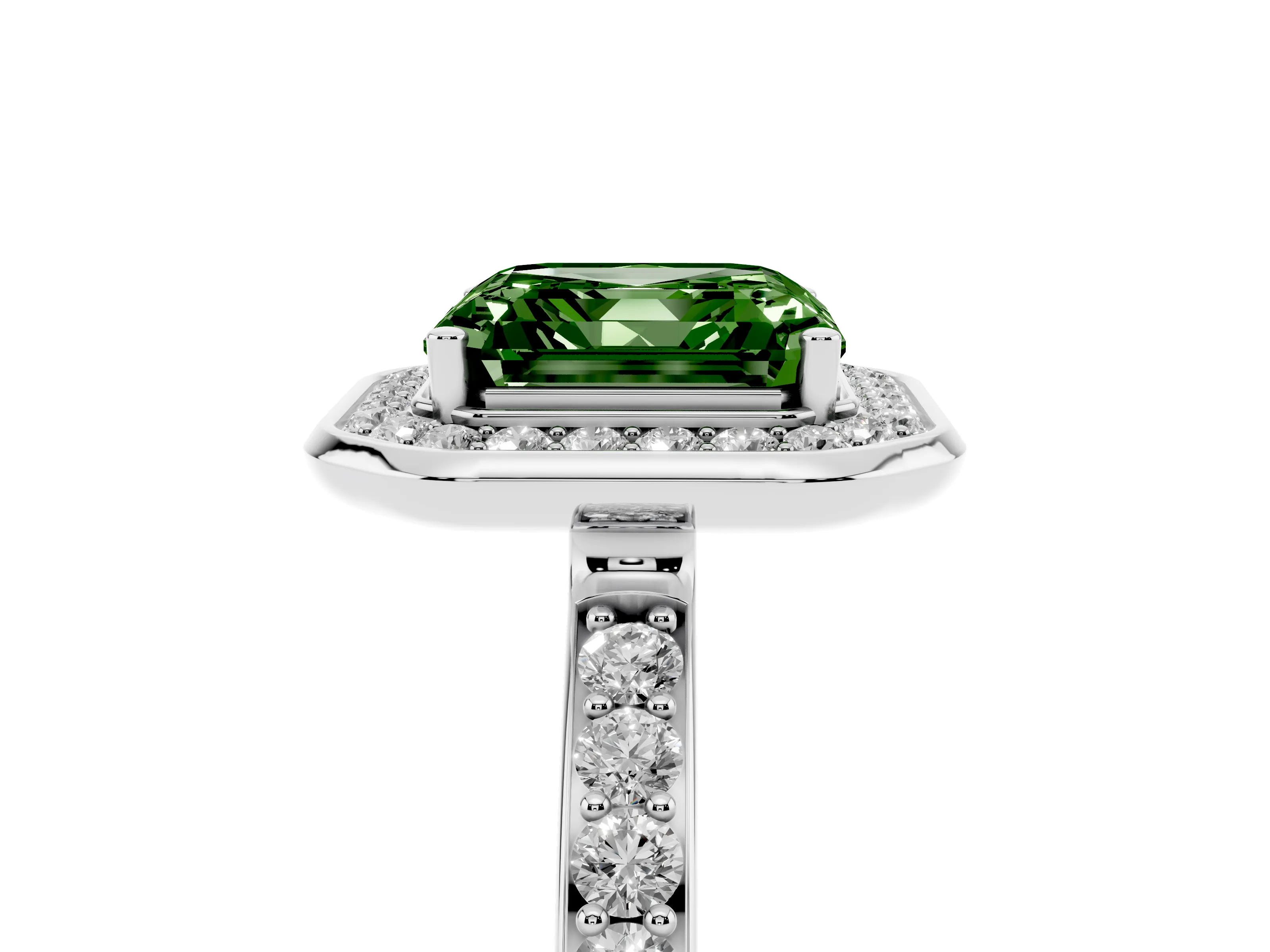 Fancy Green Asscher Cut Diamond Halo Ring Set in Platinum with Bezel Frame and Pavé Band