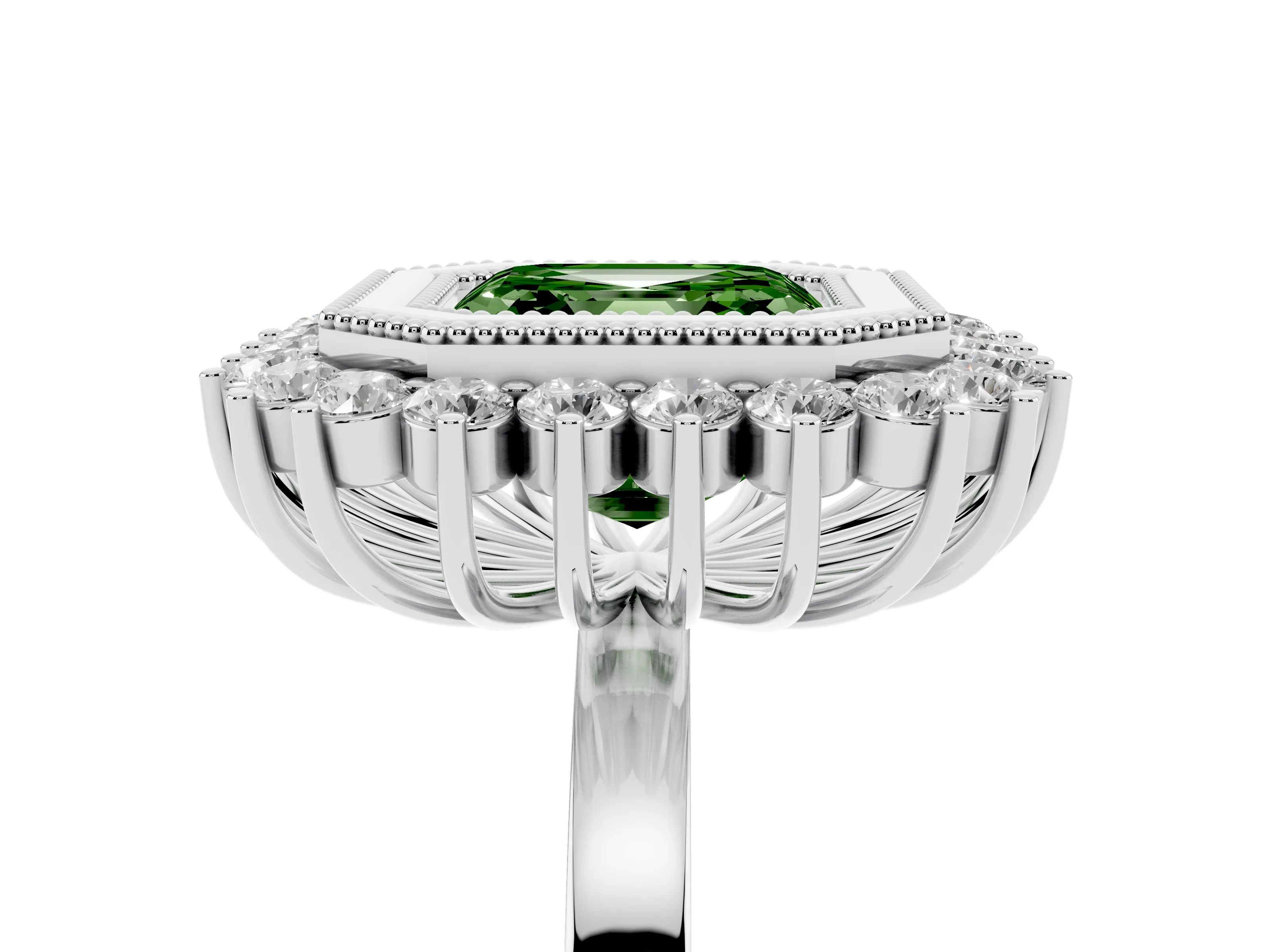 Fancy Green Asscher Cut Diamond Halo Ring Set in Silver with Milgrain Edge and Round Prong Setting