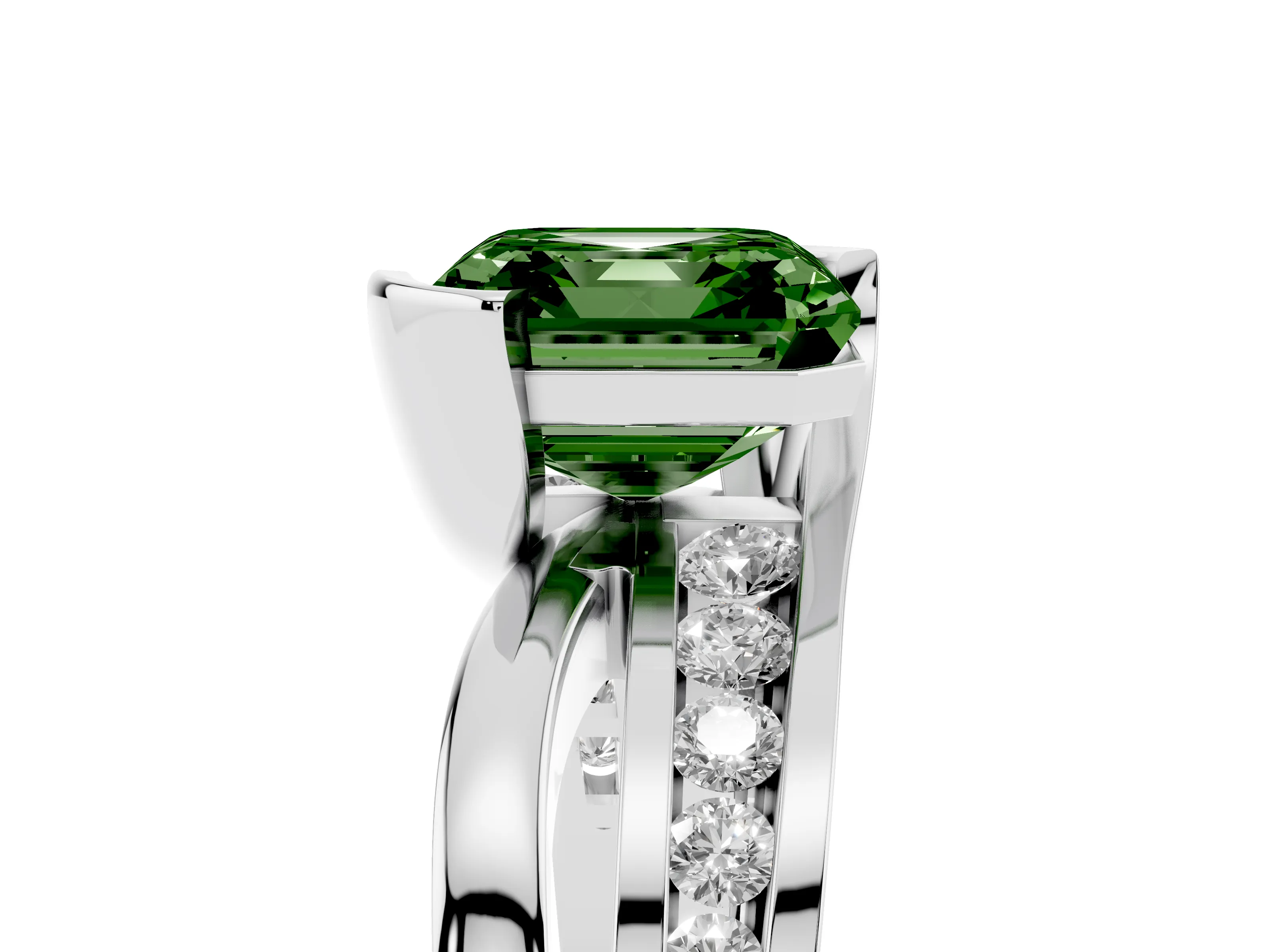 Fancy Green Asscher Cut Diamond Solitaire Ring Set in Platinum with Channel Set Split Shank and Tension Prongs