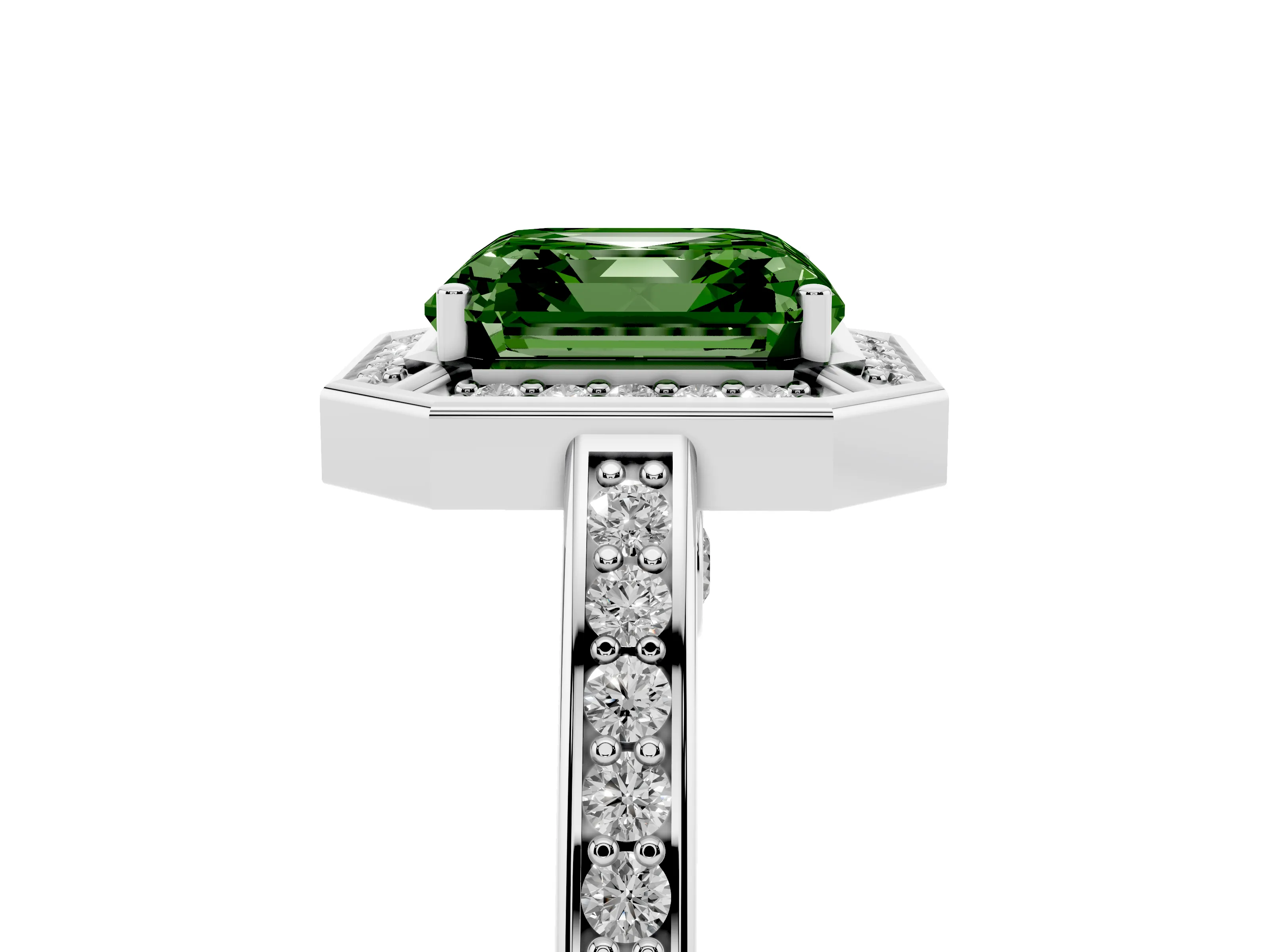 Fancy Green Asscher Cut Diamond Halo Pavé Split Shank Ring Set in White gold with Prong Setting