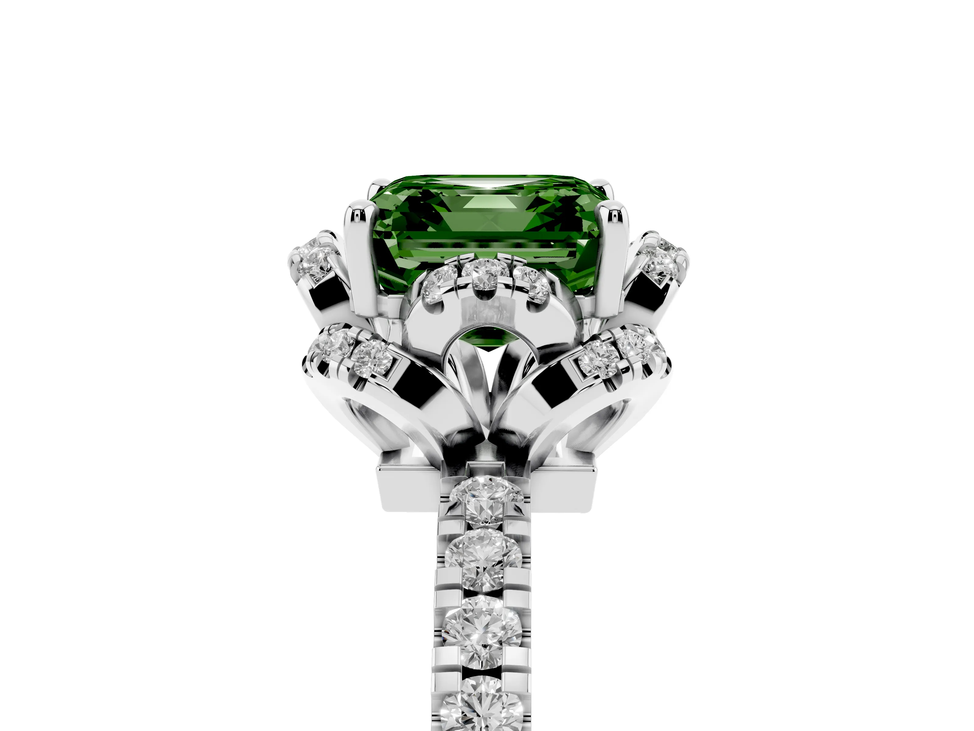 Fancy Green Asscher Cut Diamond Halo Pavé Ring Set in White gold with Prong-Held Center Stone