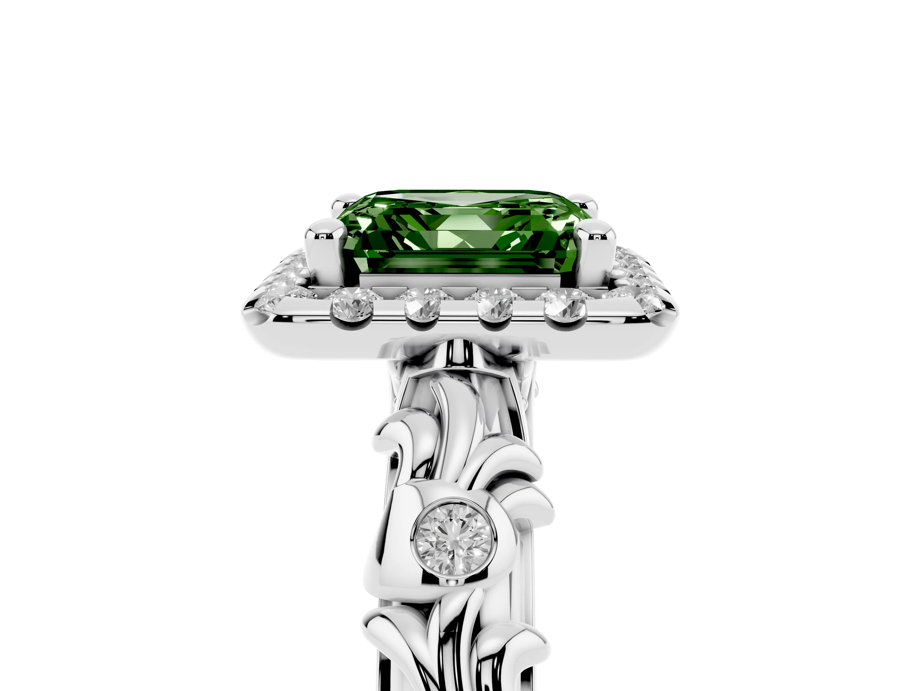 Fancy Green Asscher Cut Diamond Halo Ring Set in Platinum with Filigree Leaf Band and Prong Setting