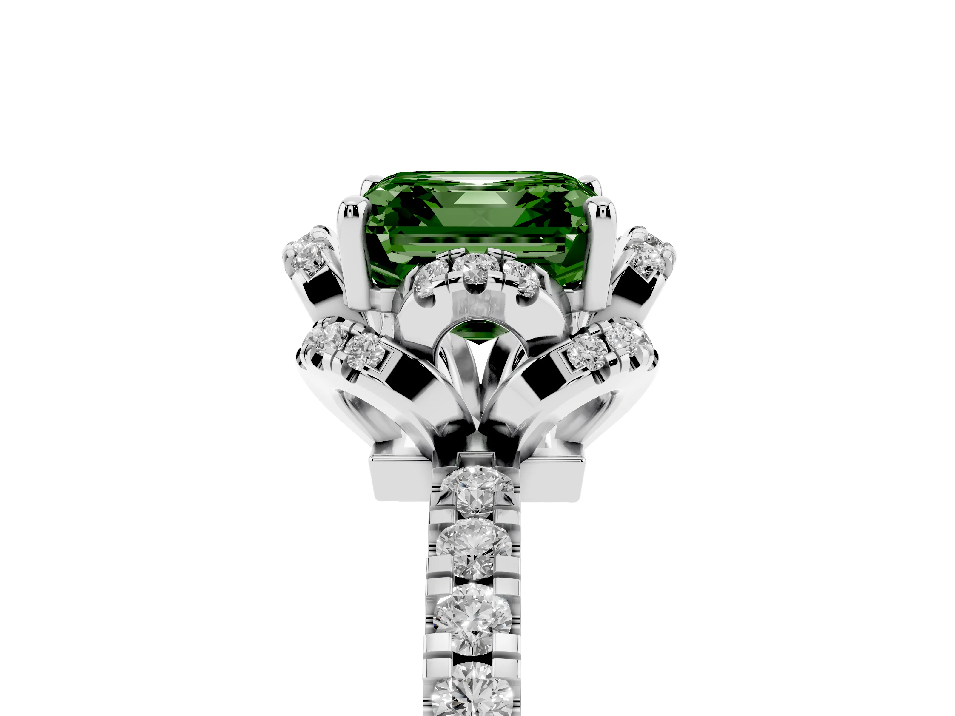 Fancy Green Asscher Cut Diamond Halo Pavé Band Ring Set in Platinum with Prong-Held Center