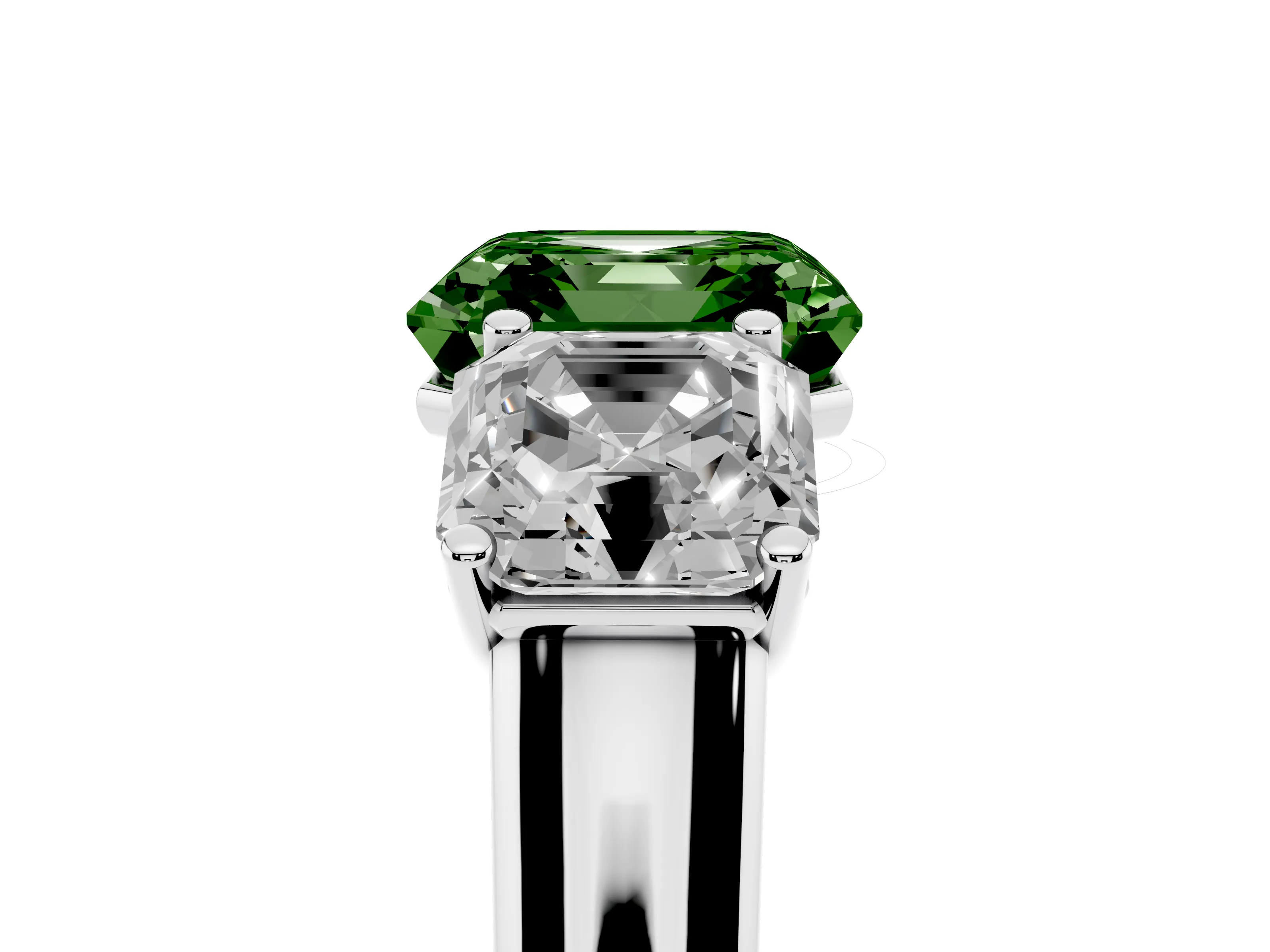 Fancy Green Asscher Cut Diamond Three-Stone Ring Set in White gold with Plain Polished Band