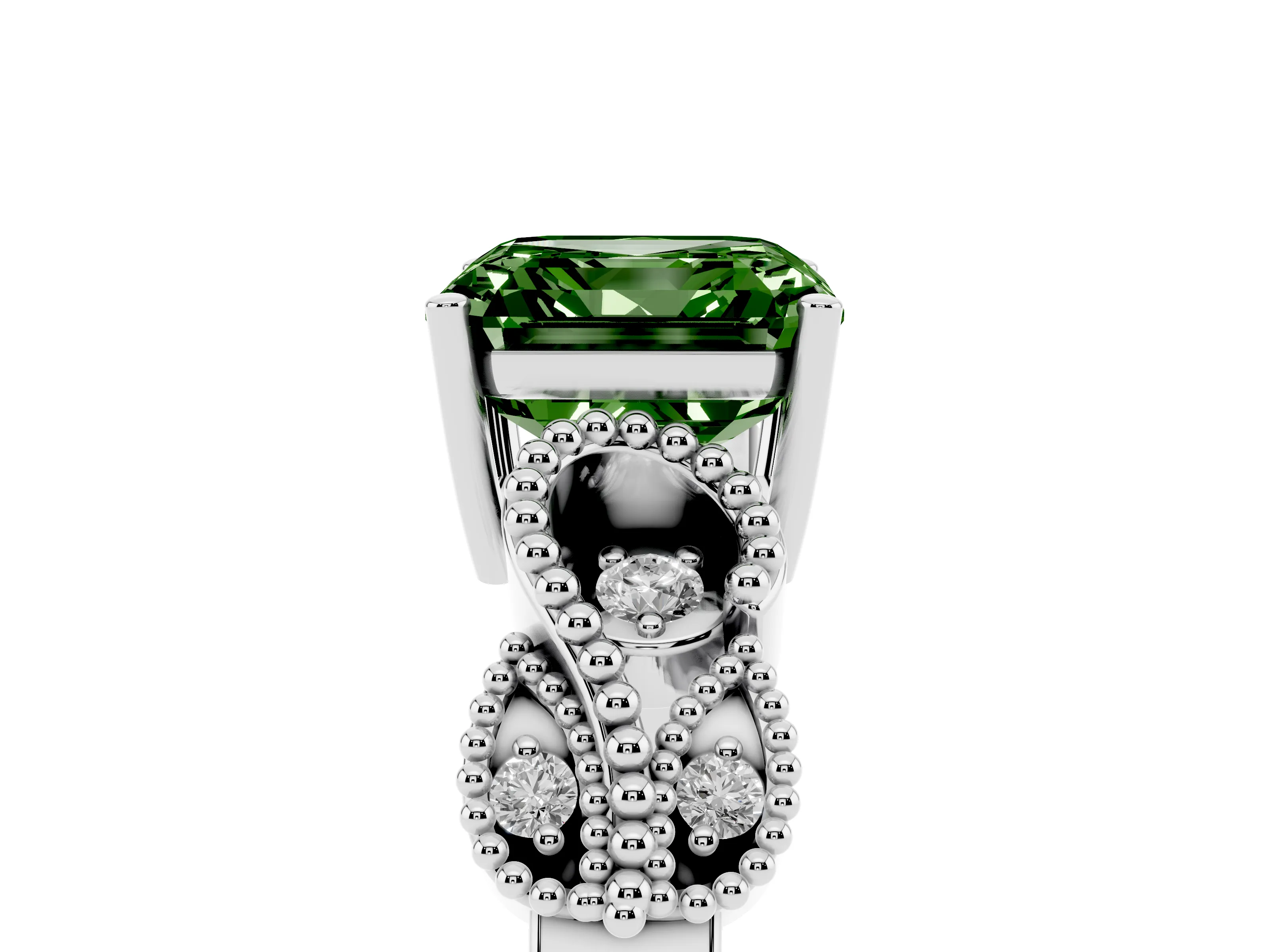 Fancy Green Asscher Cut Diamond Milgrain Leaf Band Solitaire Ring Set in White gold with Accent Stones and Prong Setting