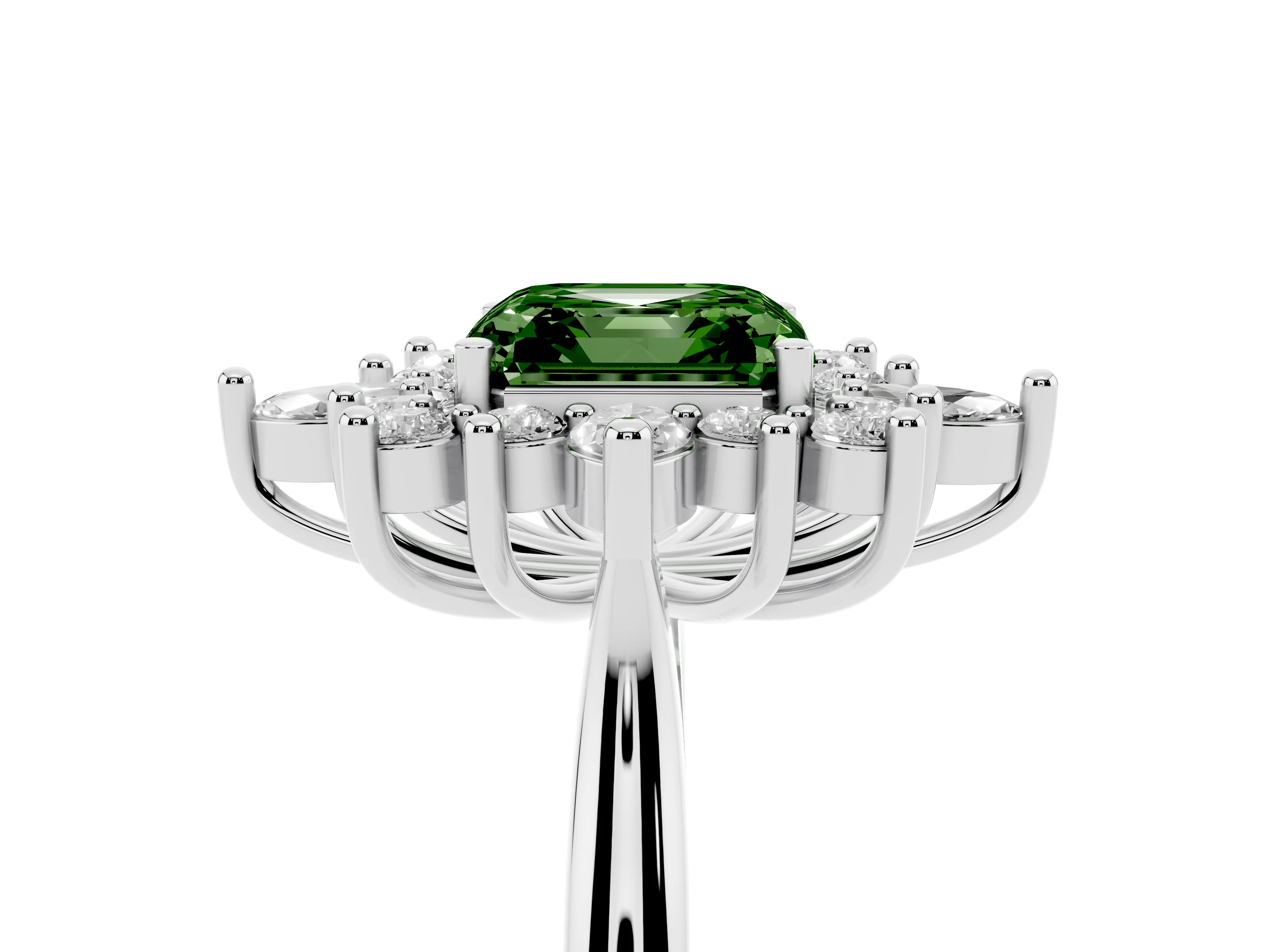 Fancy Green Asscher Cut Diamond Cluster Halo Ring Set in White gold with Marquise and Round Accents
