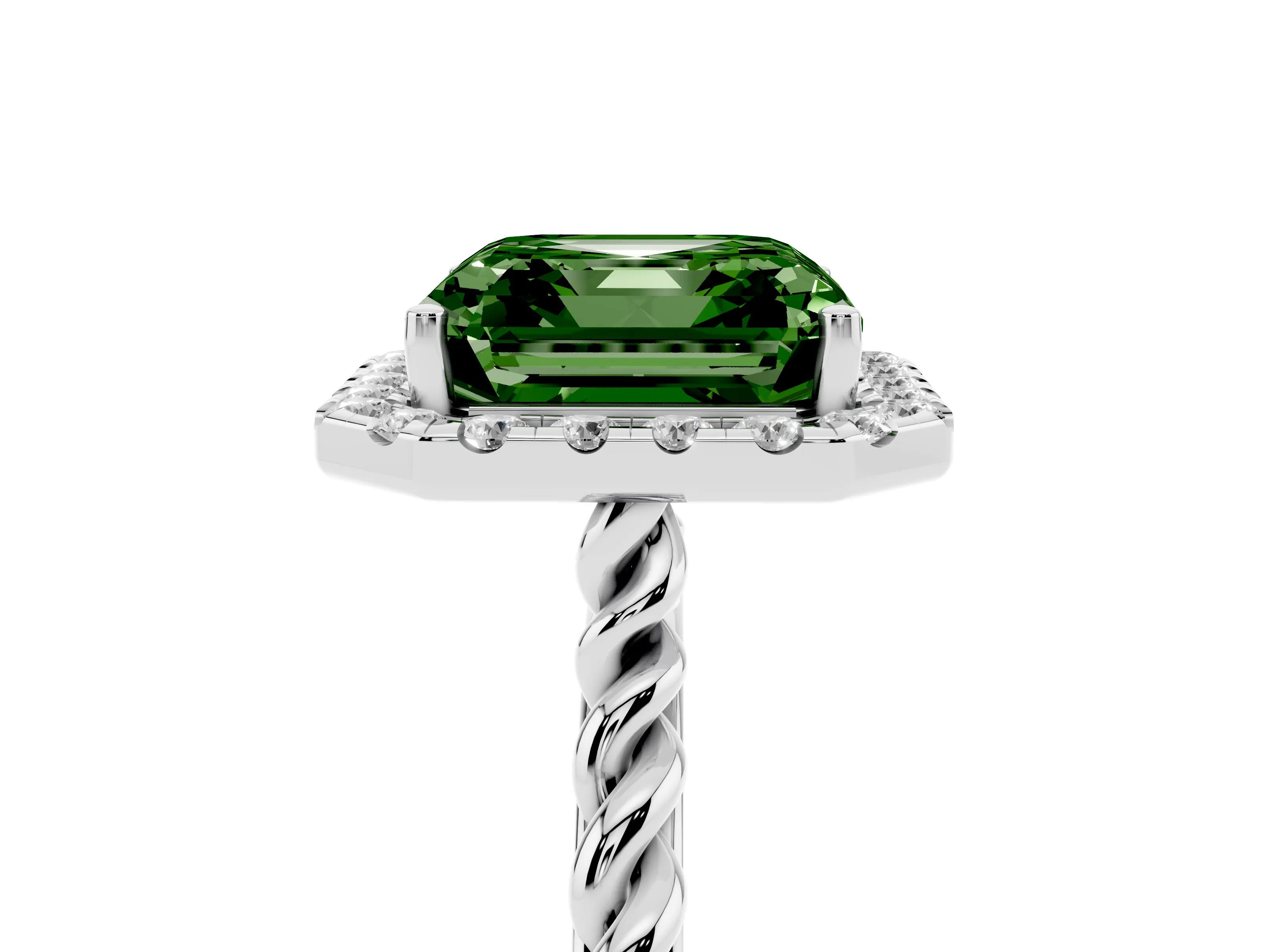 Fancy Green Asscher Cut Diamond Halo Ring Set in Platinum with Plain Twisted Band