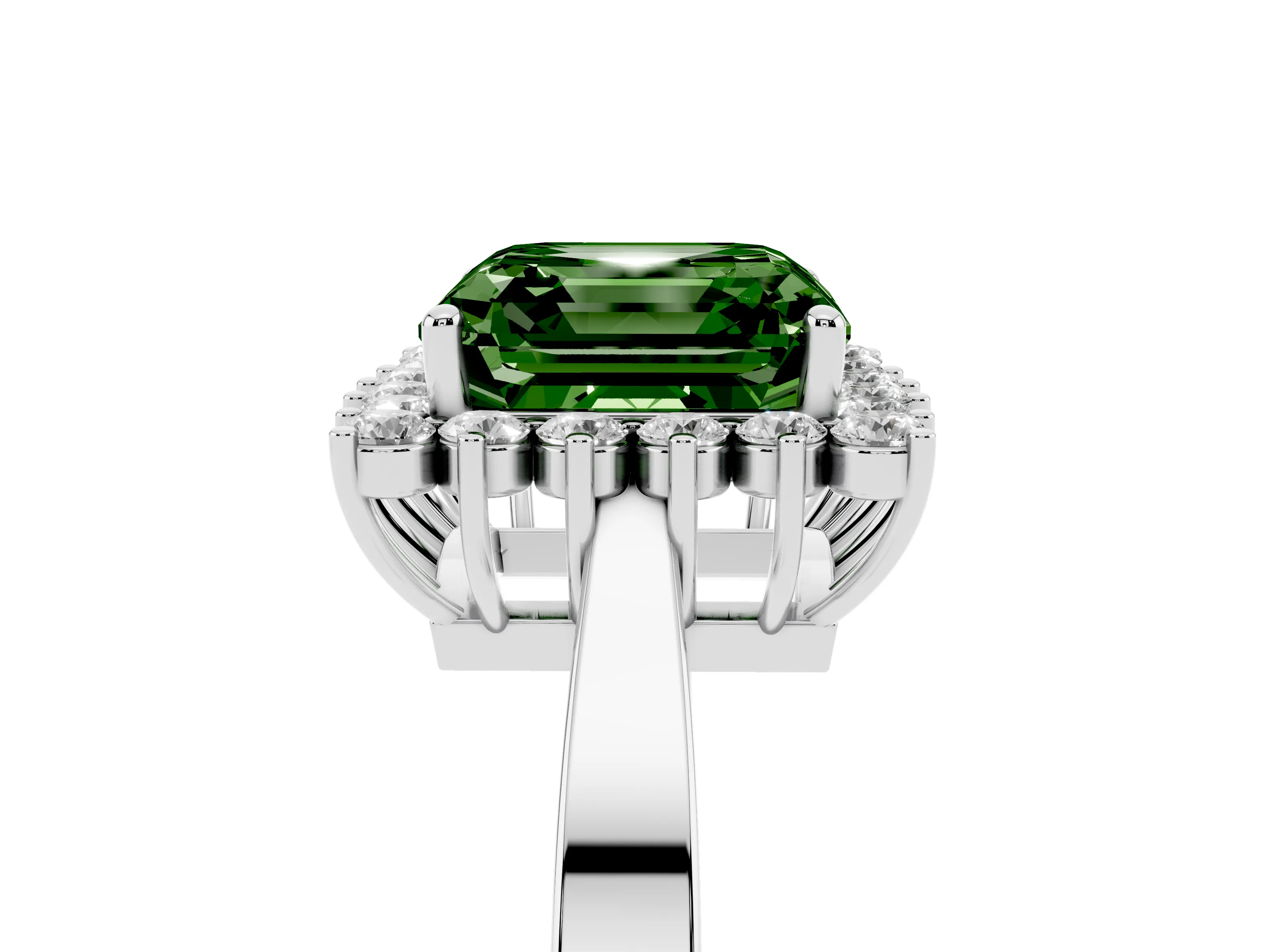 Fancy Green Asscher Cut Diamond Halo Ring Set in White gold with Round Halo and Smooth Solitaire Band