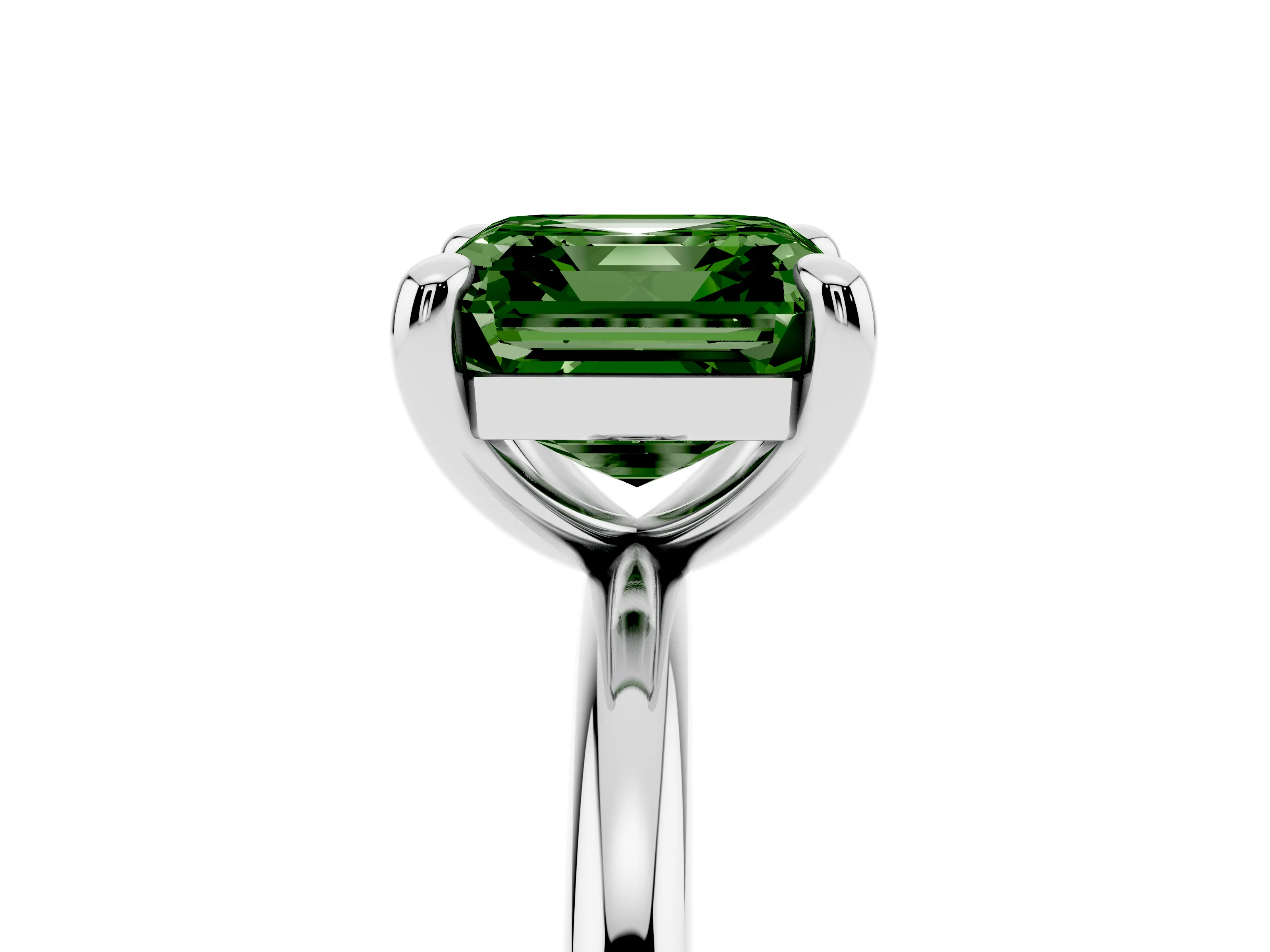 Fancy Green Asscher Cut Diamond Solitaire Ring Set in White gold with Prong Setting on a Polished Plain Band