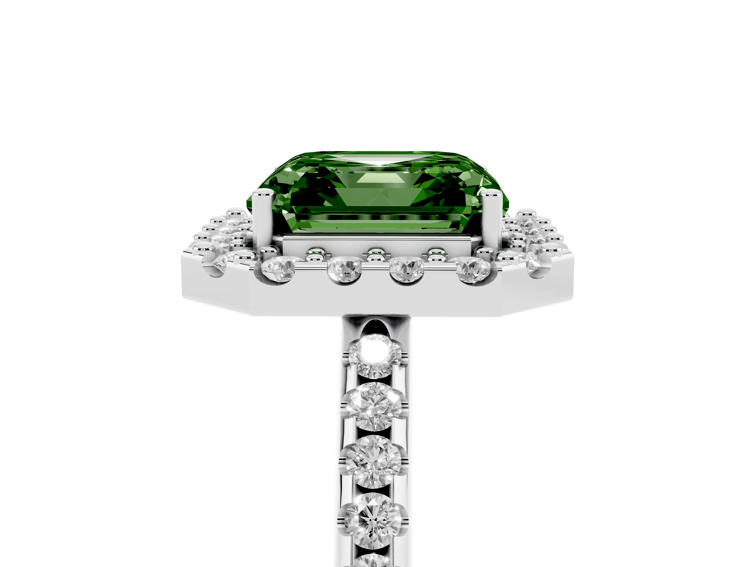Fancy Green Asscher Cut Diamond Pavé Halo Ring Set in Silver with Prong Setting