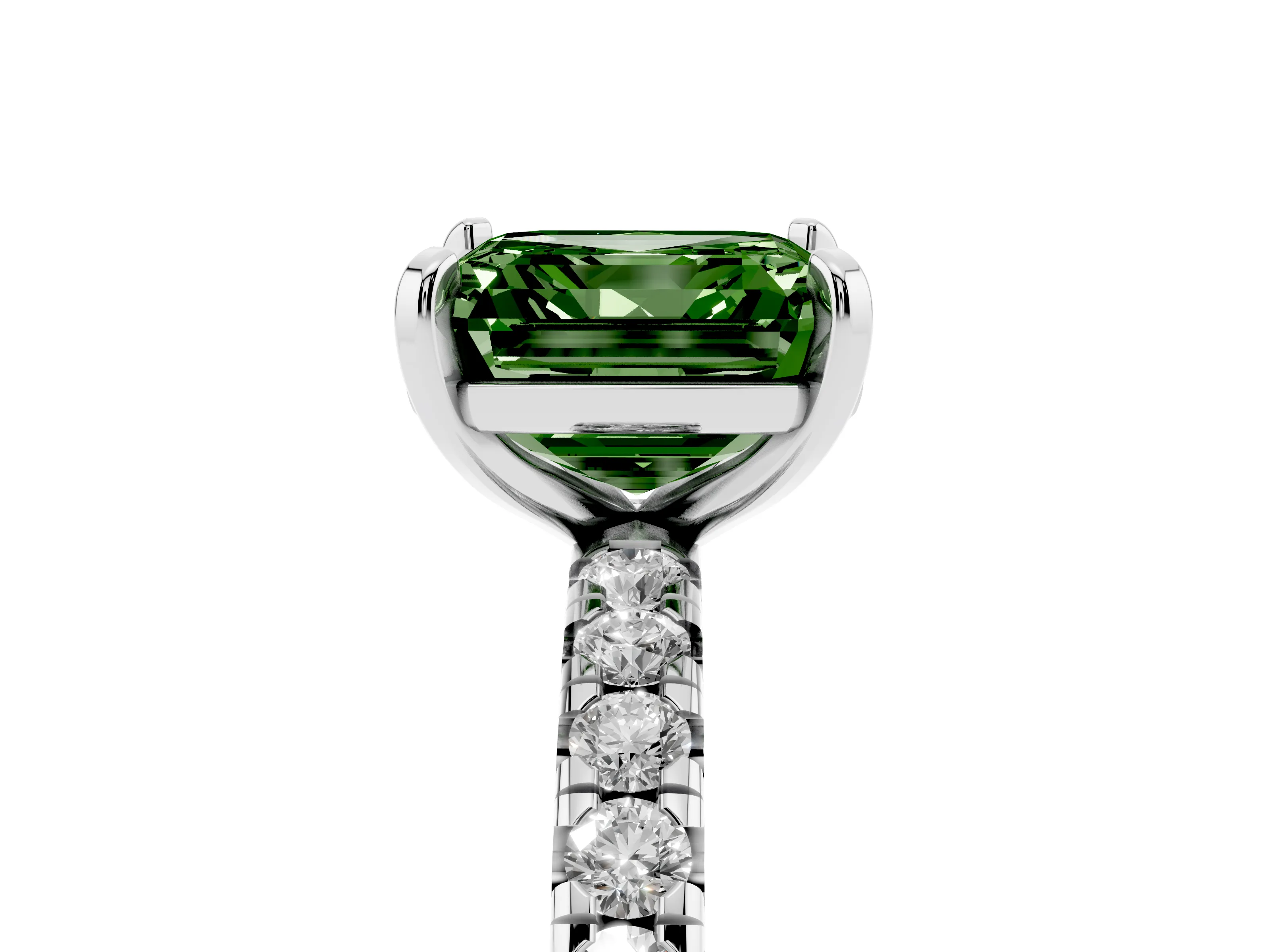 Fancy Green Asscher Cut Diamond Pavé Solitaire Ring Set in White gold with Round Band and Prong Setting