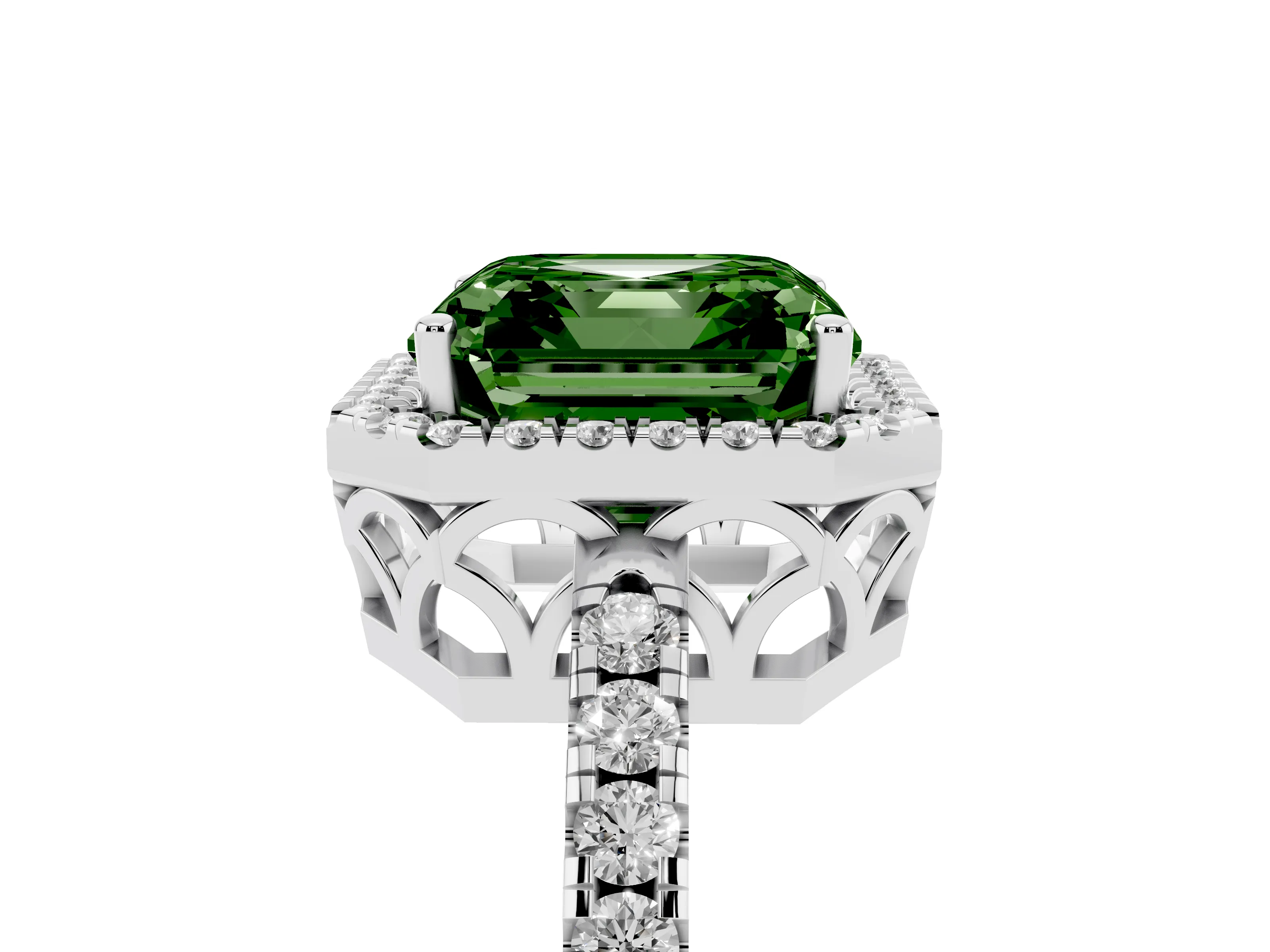 Fancy Green Asscher Cut Diamond Pavé Band Halo Engagement Ring Set in Silver with Prong Setting