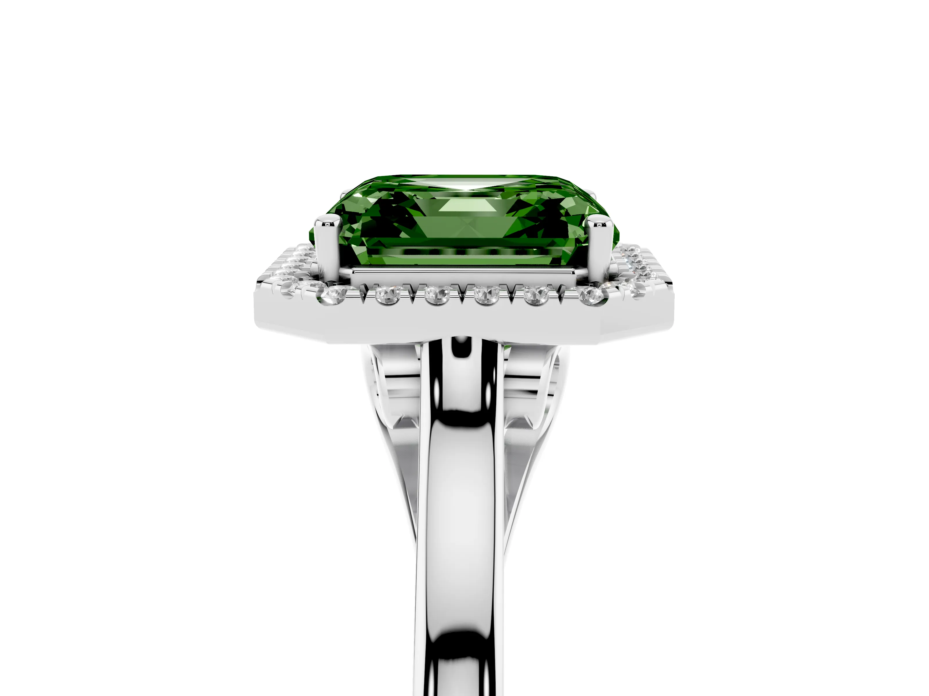 Fancy Green Asscher Cut Halo Round Diamond Solitaire Ring Set in White gold with Pavé Band and Prong Setting