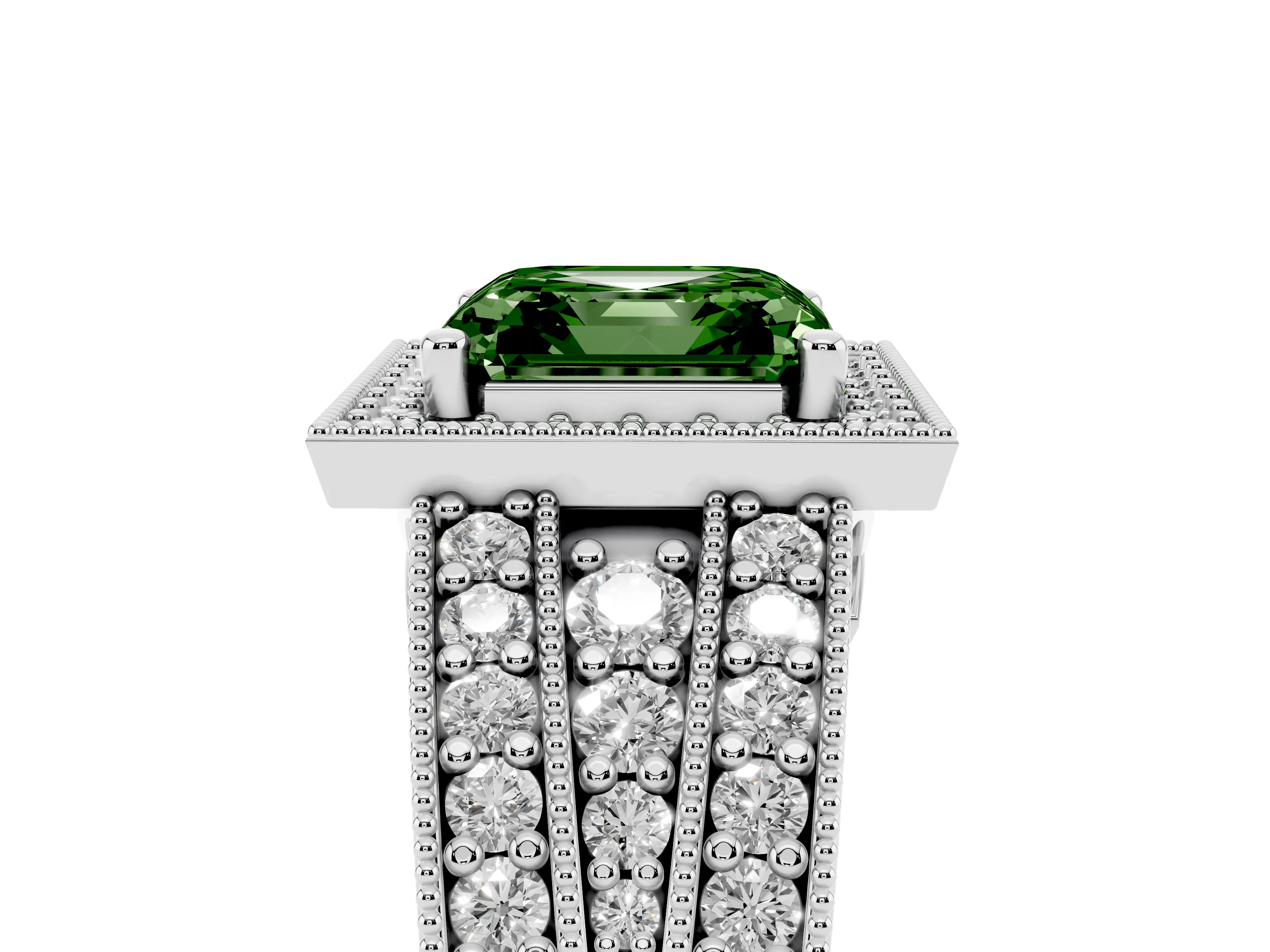 Fancy Green Asscher Cut Diamond Halo Ring Set in Silver with Accent Split Shank and Prong Setting
