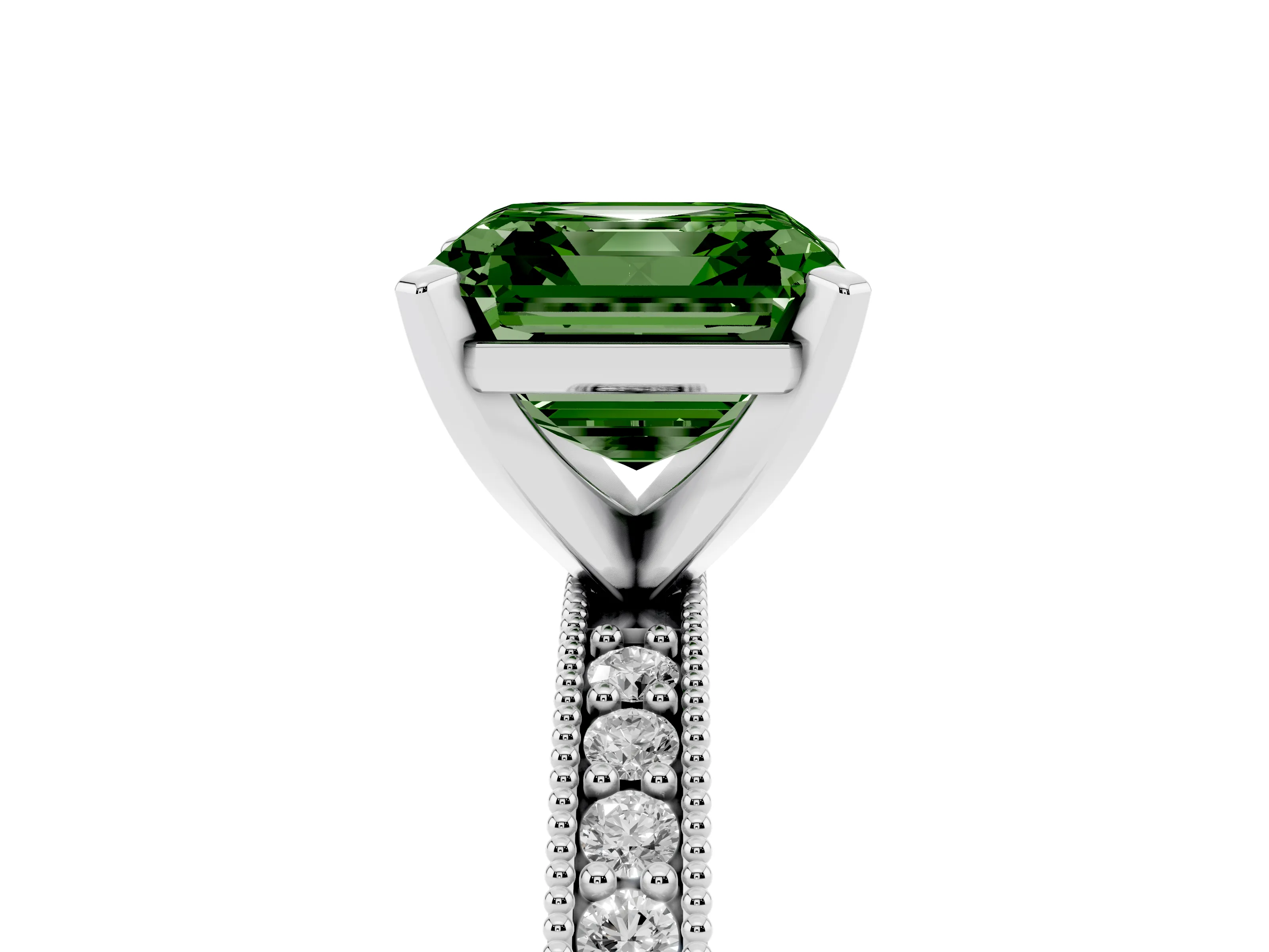 Fancy Green Asscher Cut Diamond Milgrain Pavé Engagement Ring Set in Platinum with Prong Setting