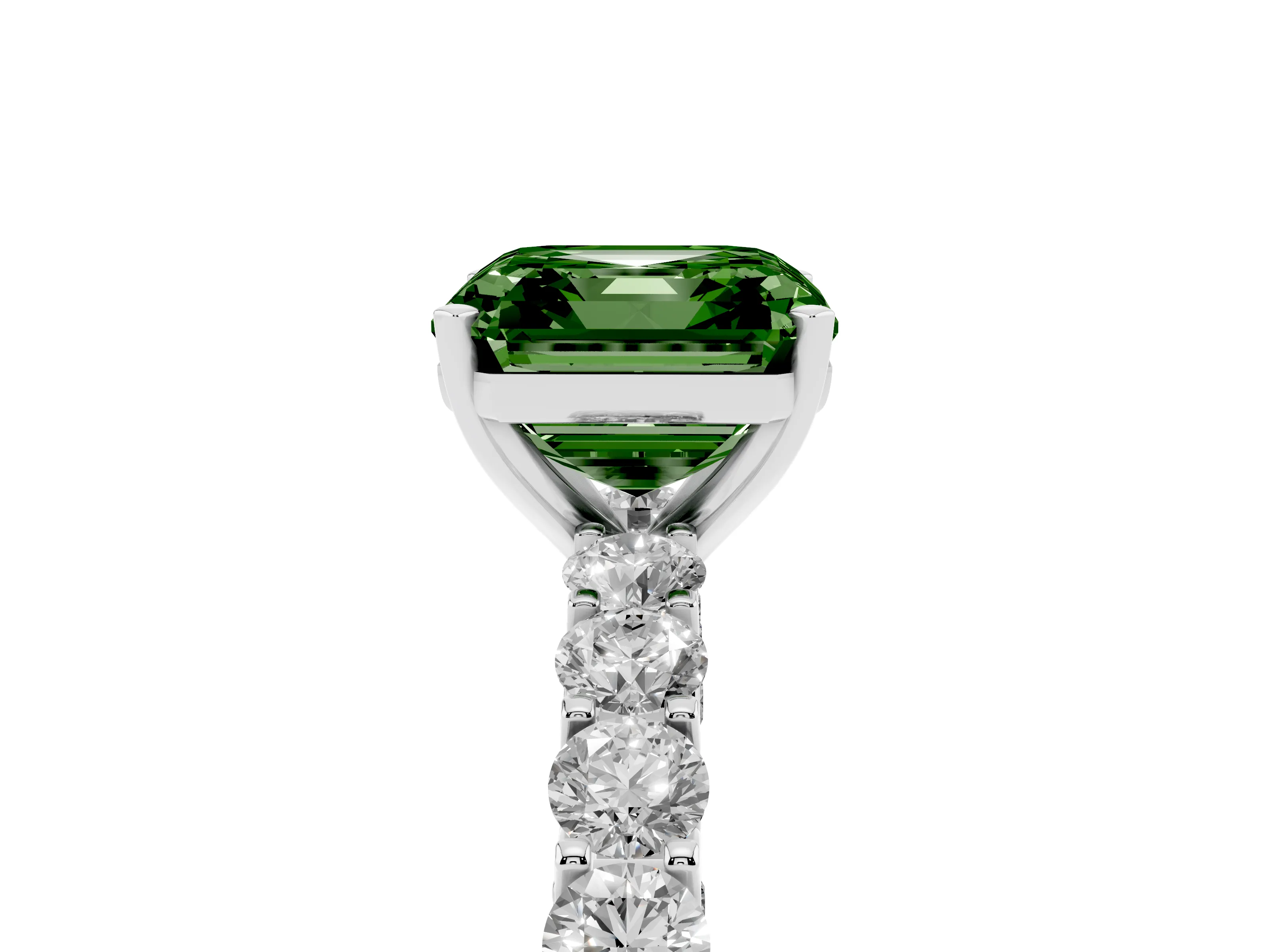 Fancy Green Asscher Cut Diamond Solitaire Ring Set in Silver with Shared Prong Pavé Band