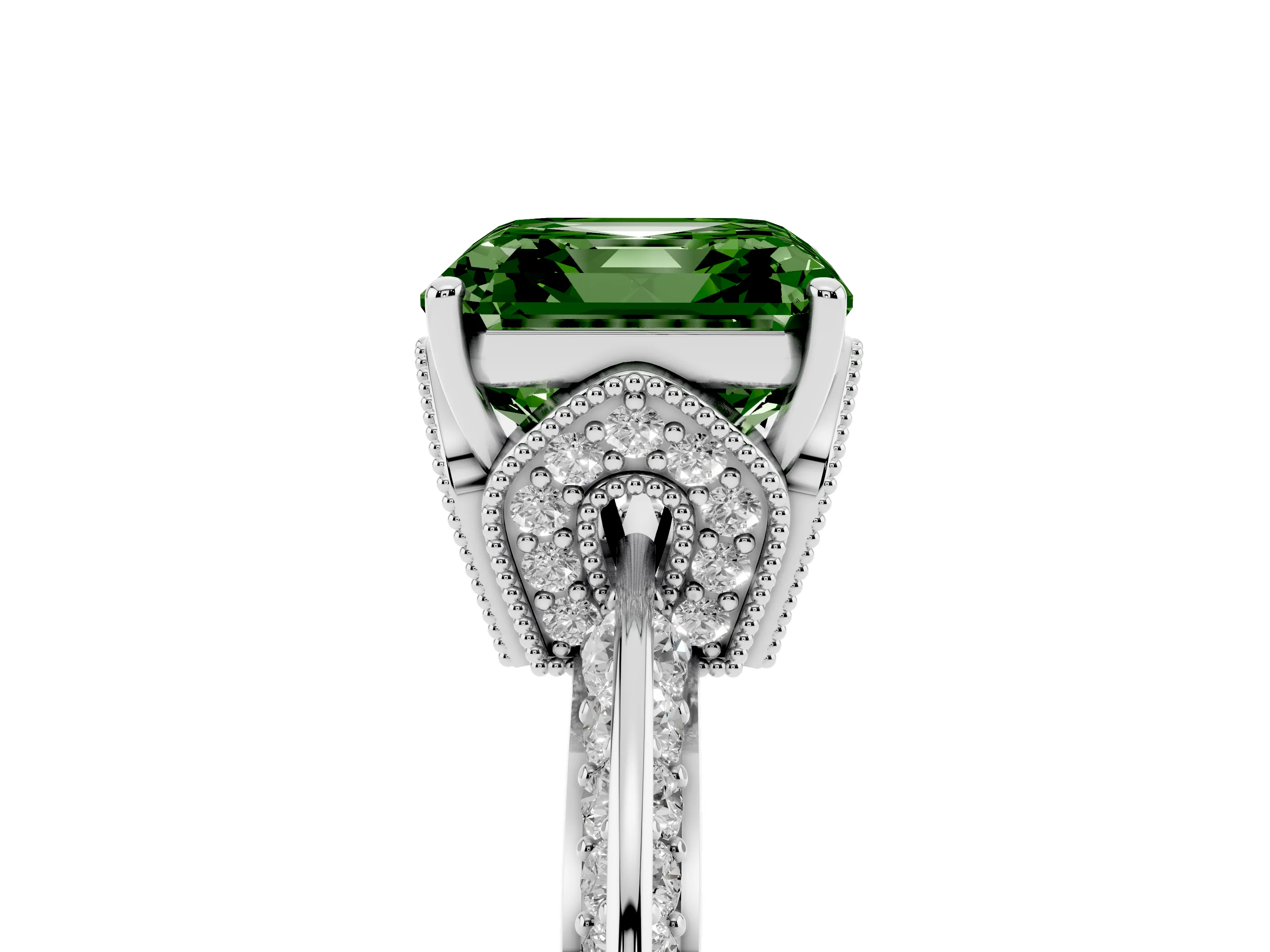 Fancy Green Asscher Cut Diamond Solitaire Engagement Ring Set in White gold with Pavé Split Shank and Prong Setting