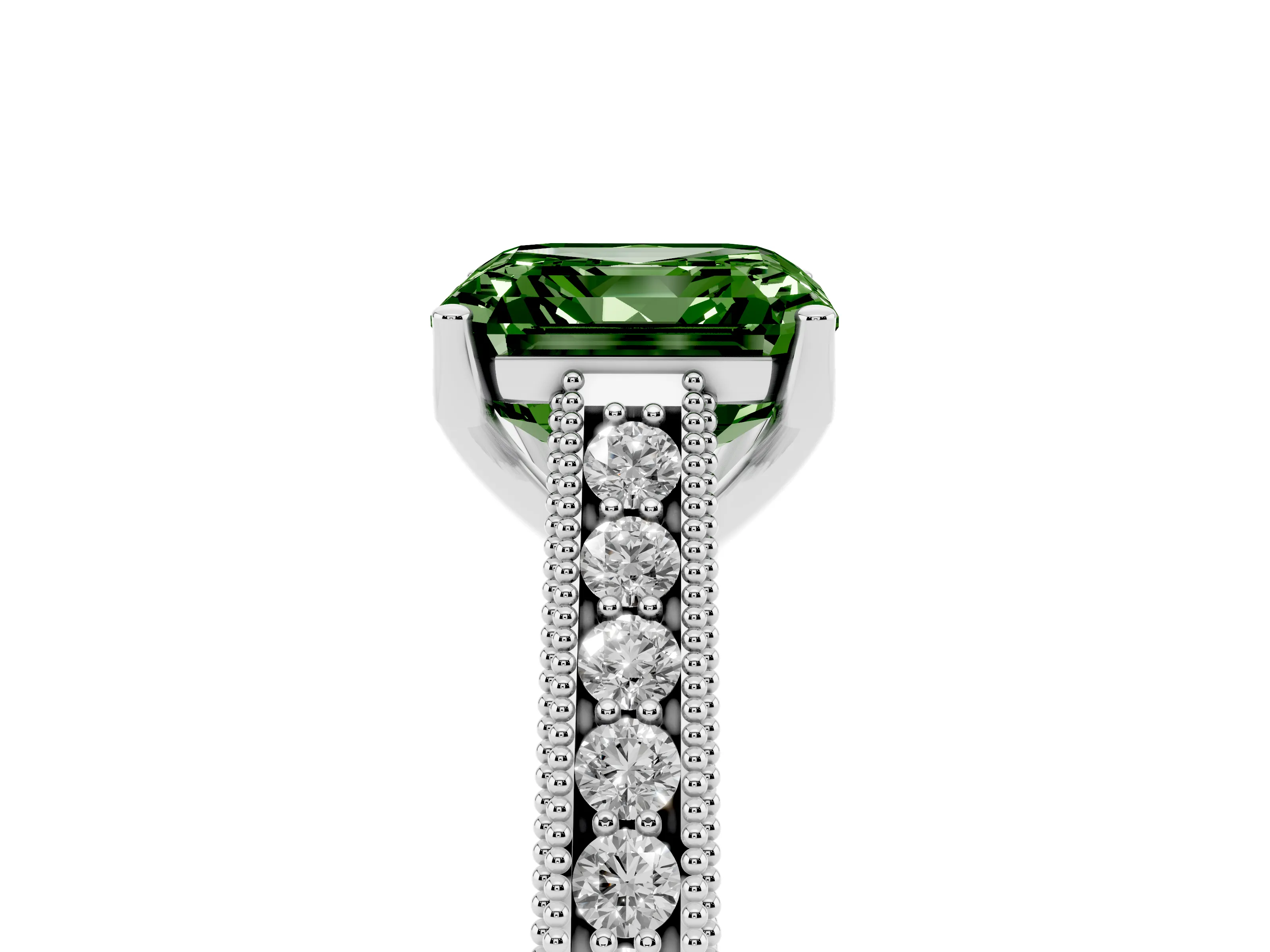 Fancy Green Asscher Cut Diamond Milgrain Pavé Band Solitaire Ring Set in Platinum with Prong Setting