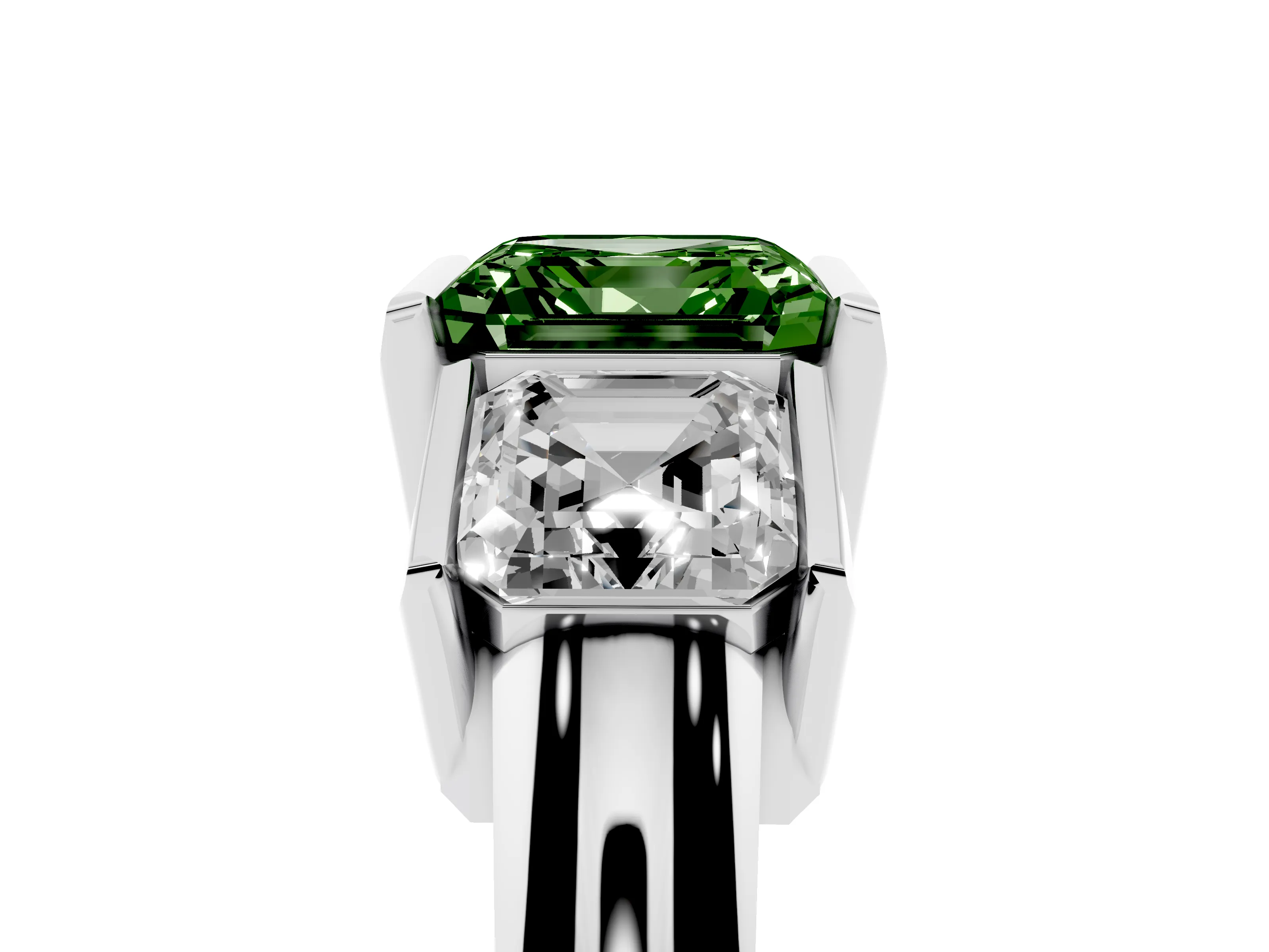Fancy Green Asscher Cut Diamond Three-Stone Channel Set Ring Set in White gold with Smooth Polished Band