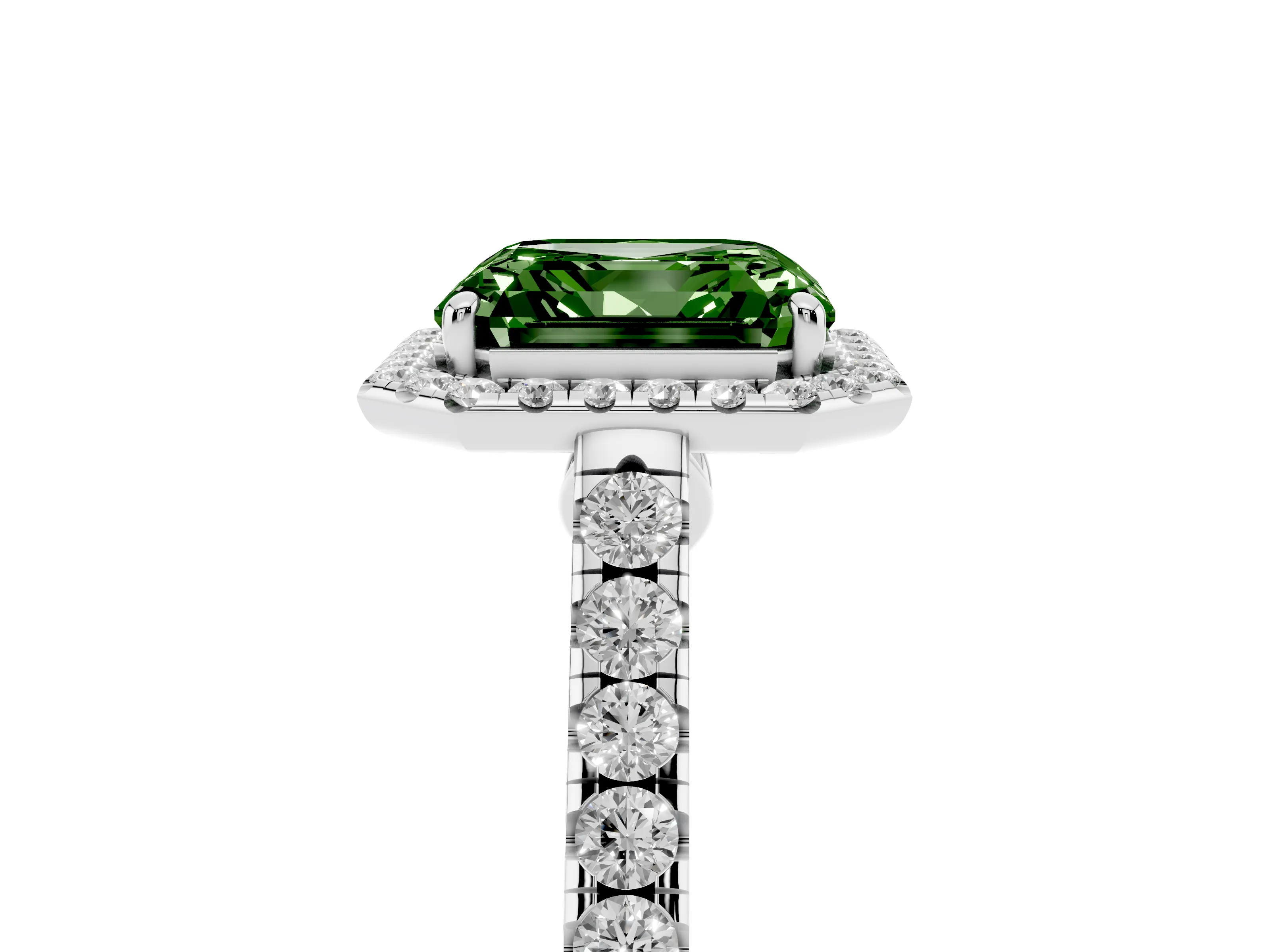 Fancy Green Asscher Cut Diamond Halo Pavé Engagement Ring Set in White gold with Prong Setting