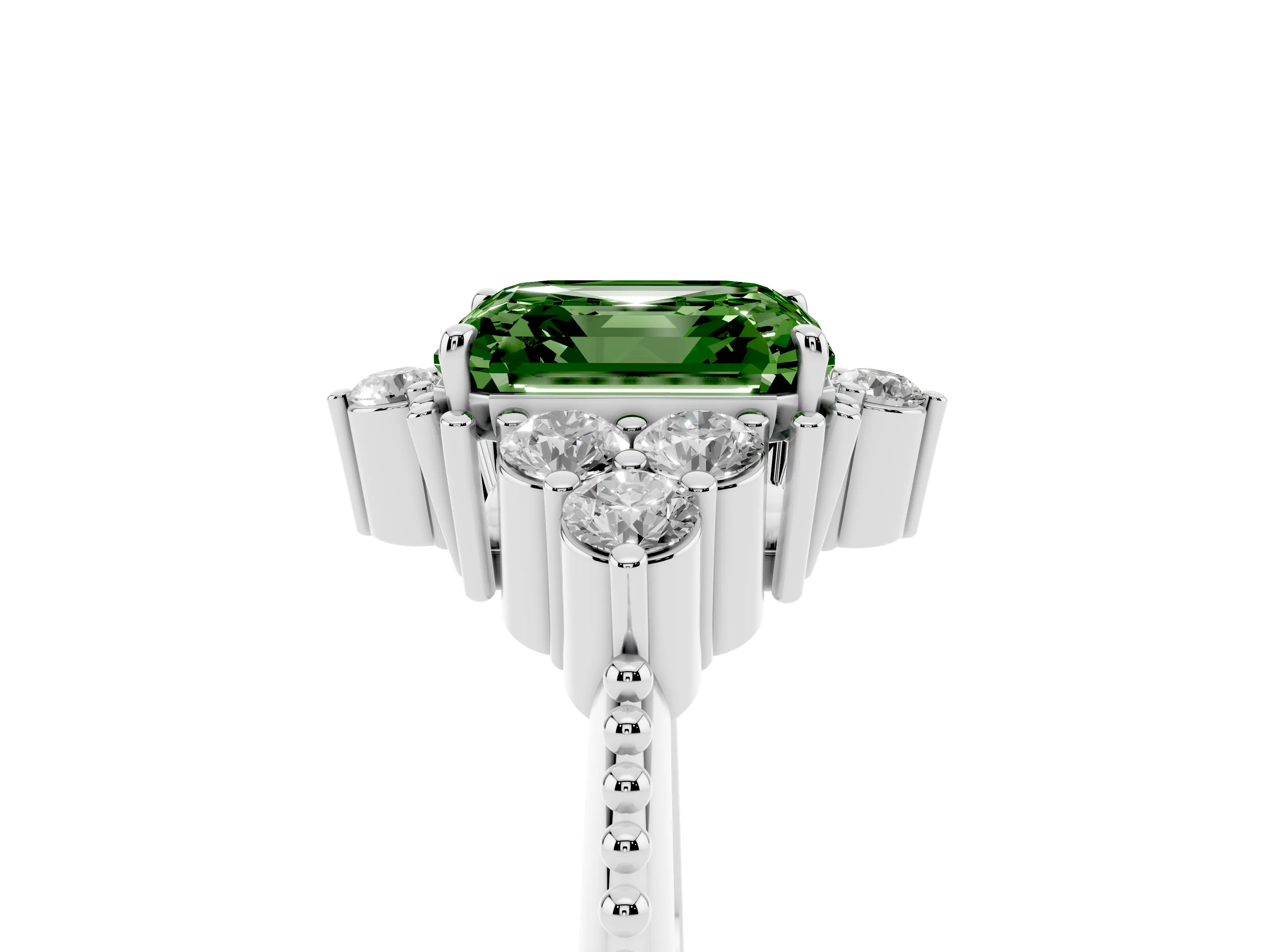 Fancy Green Asscher Cut Diamond Cluster Ring Set in Silver with Beaded Band