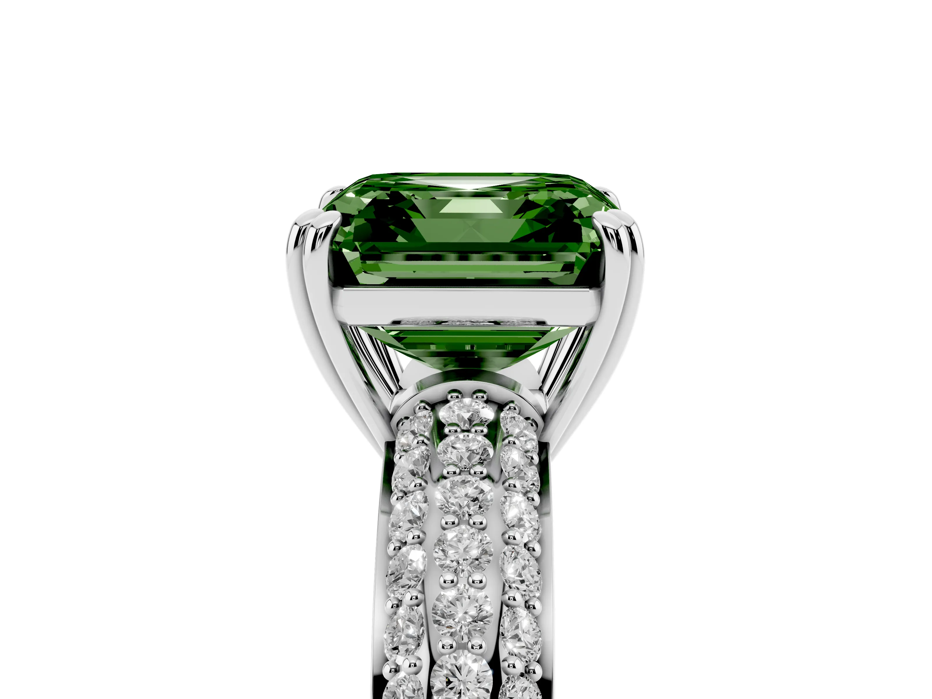 Fancy Green Asscher Cut Diamond Solitaire Ring Set in Platinum with Multi-Row Round Pavé Band and Prong Setting
