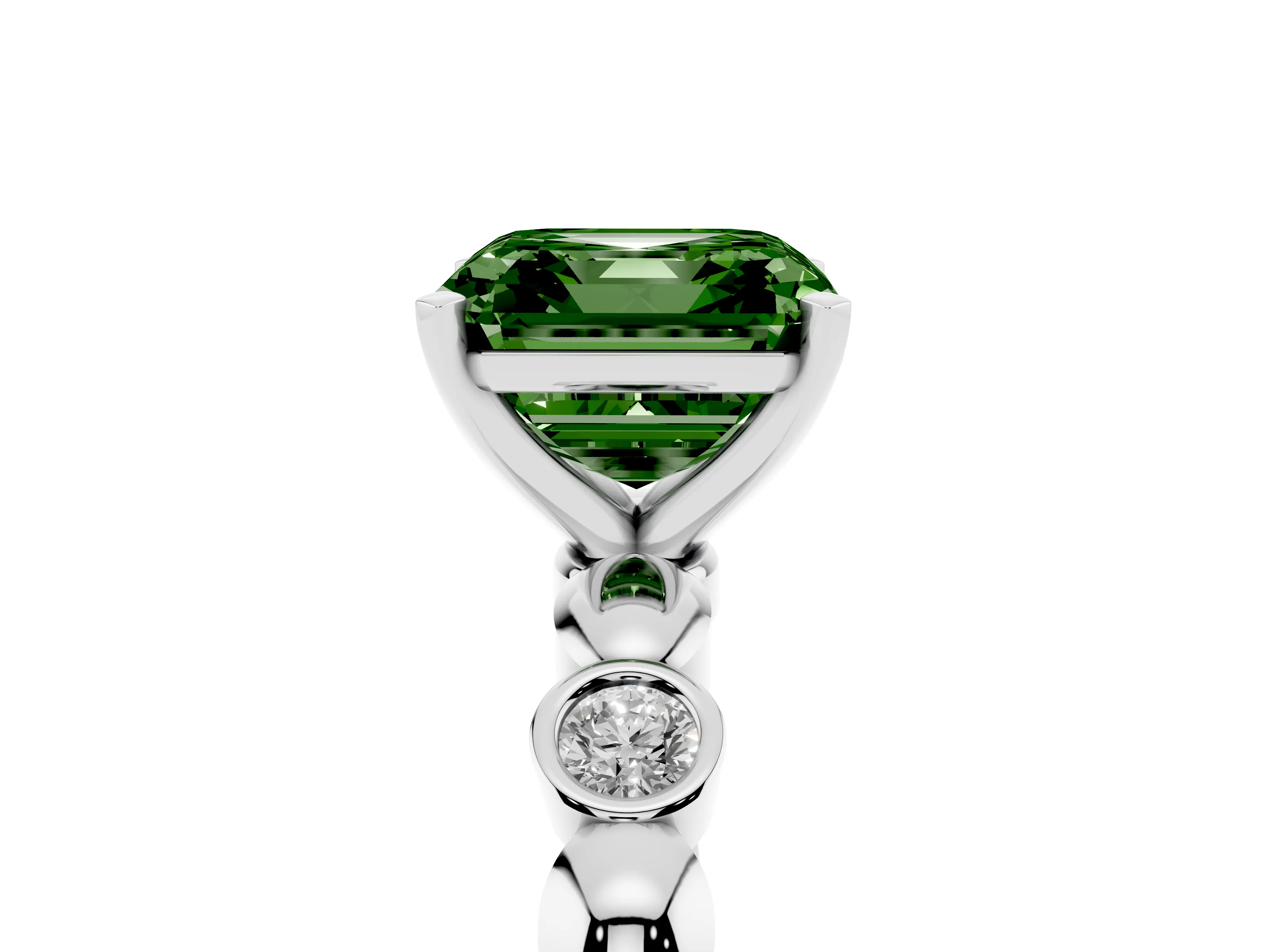 Fancy Green Asscher Cut Diamond Solitaire Ring Set in Platinum with Bezel-Set Accents on Beaded Band and Prong Setting