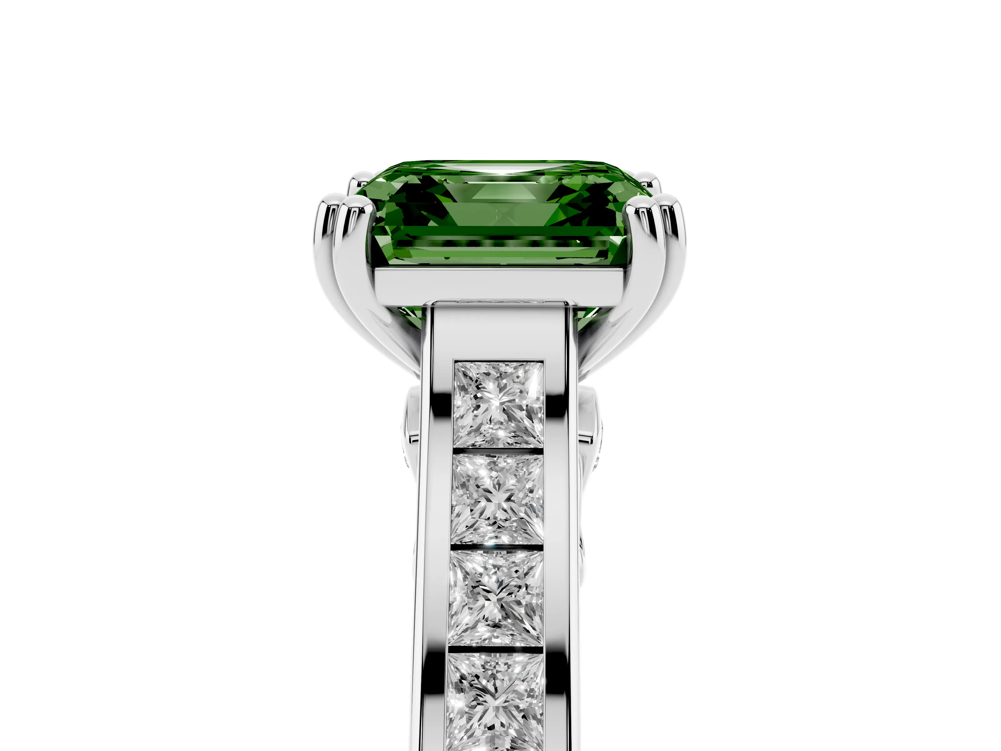 Fancy Green Asscher Cut Diamond Channel Set Solitaire Engagement Ring Set in White gold with Prong Setting