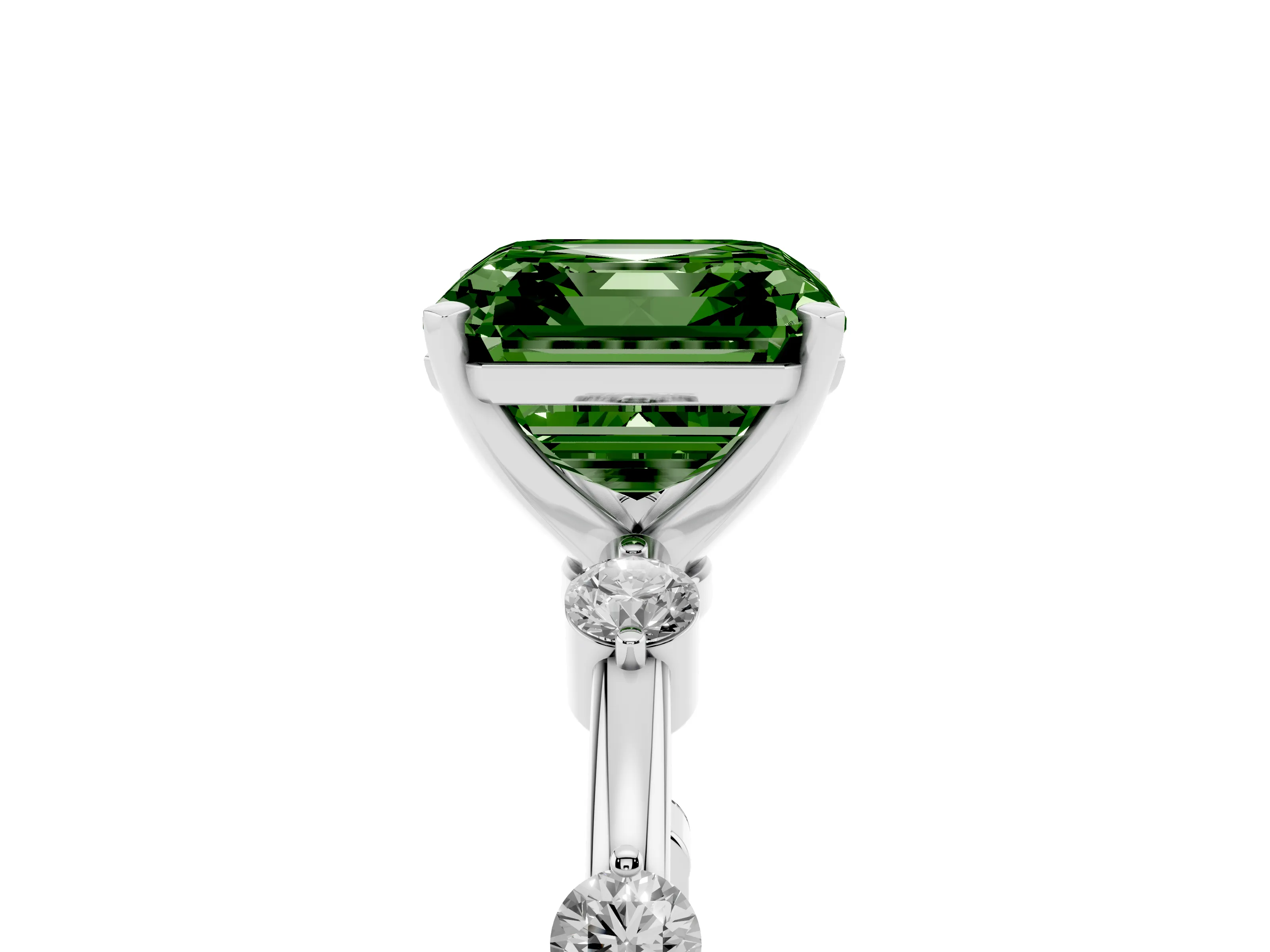 Fancy Green Asscher Cut Diamond Solitaire Ring Set in Platinum with Bezel Set Side Stones and Prong Setting