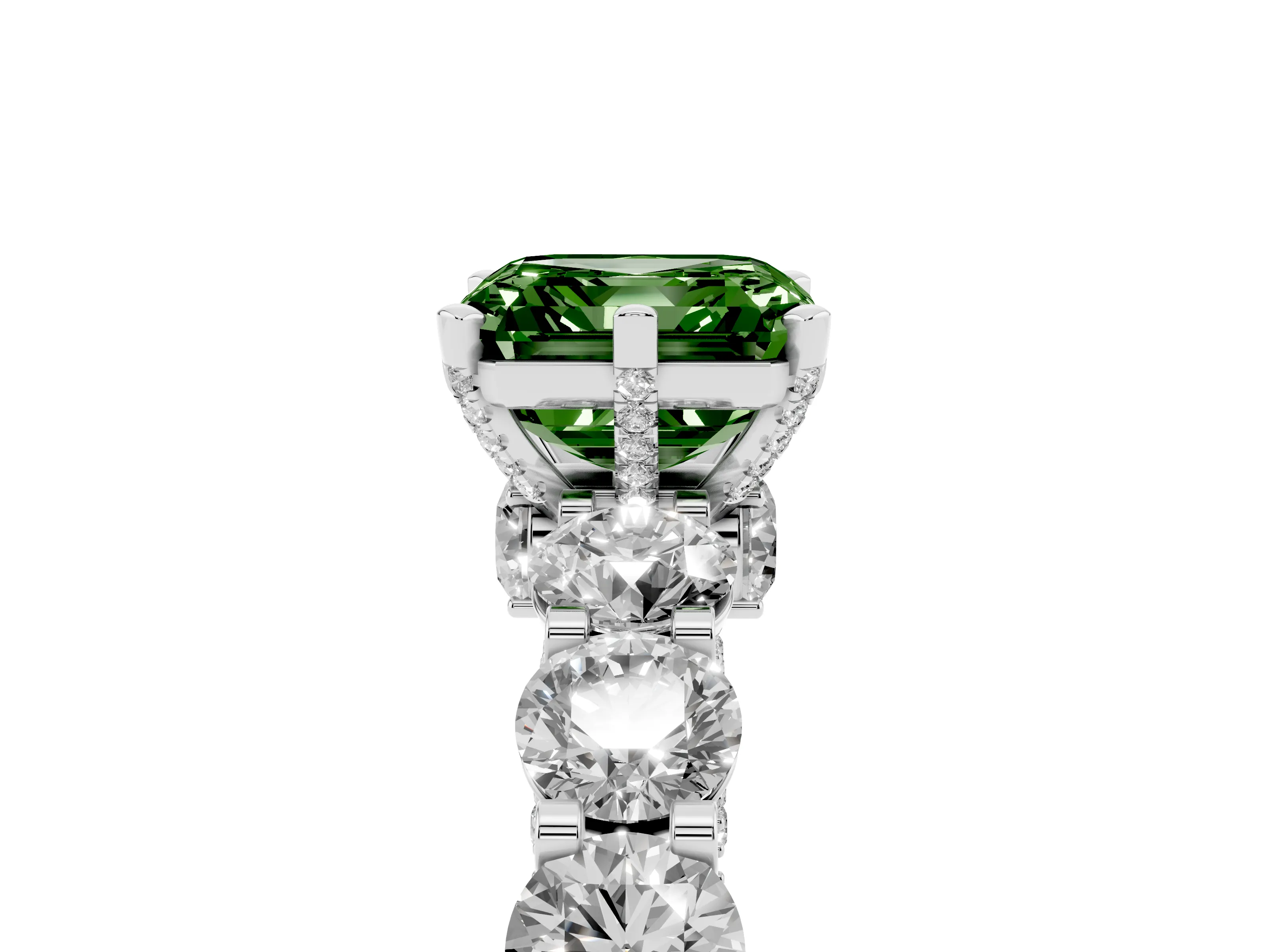 Fancy Green Asscher Cut Diamond Side Stone Ring Set in Silver with Alternating Round and Oval Side Stones
