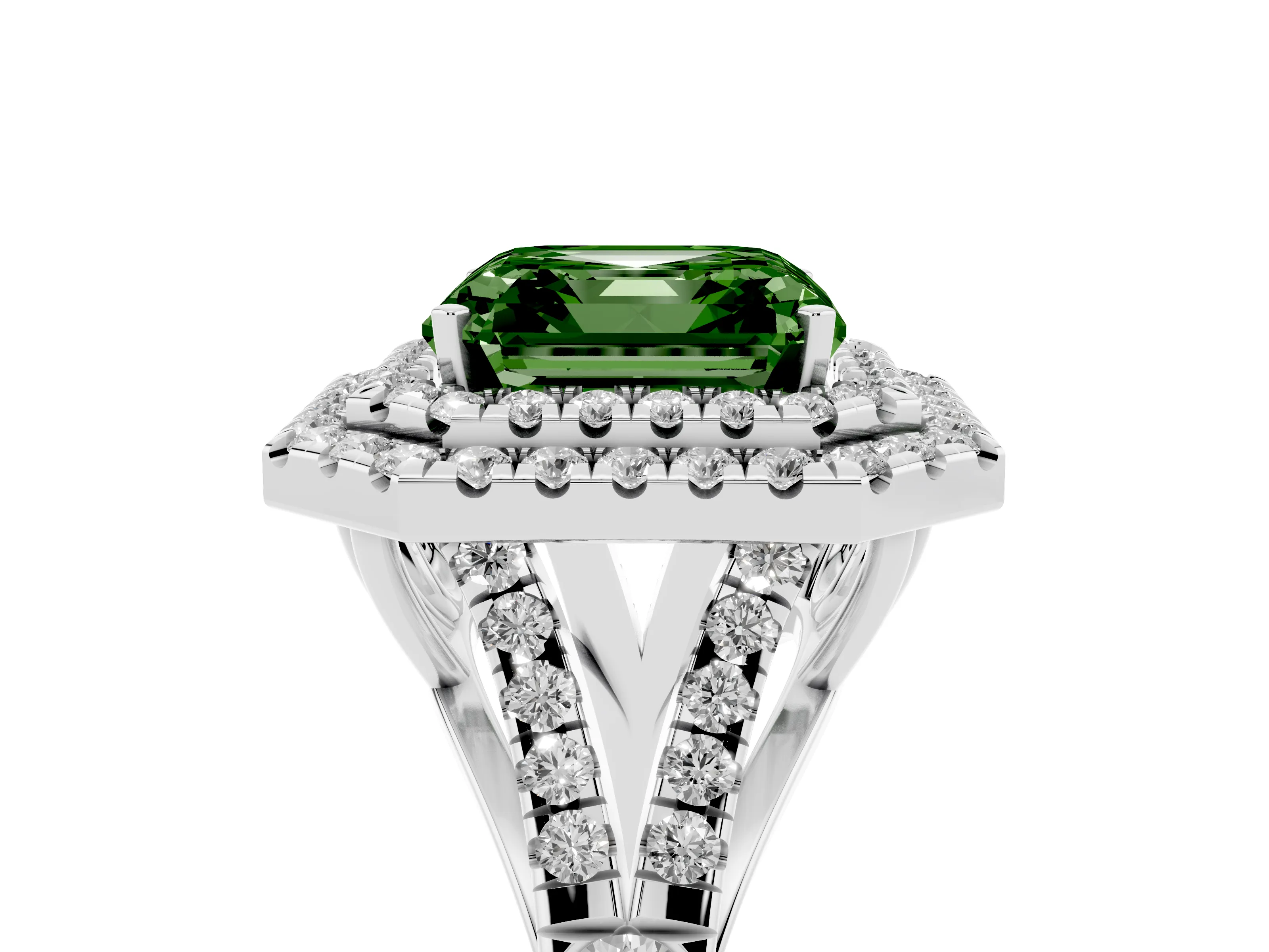 Fancy Green Asscher Cut Diamond Pavé Split Shank Double Halo Engagement Ring Set in White gold