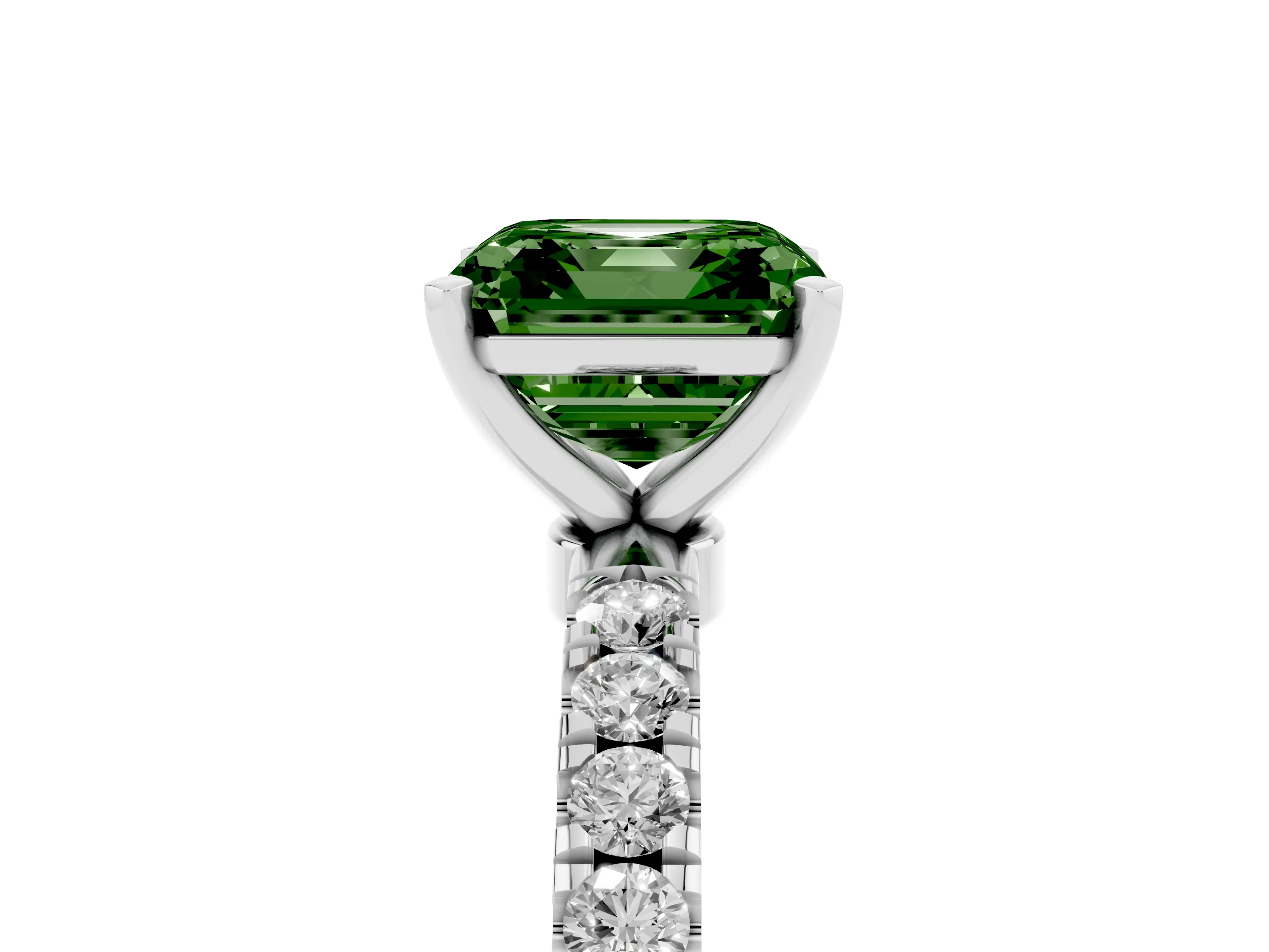 Fancy Green Asscher Cut Diamond Solitaire Ring Set in Platinum with Pavé Accents and Prong Setting