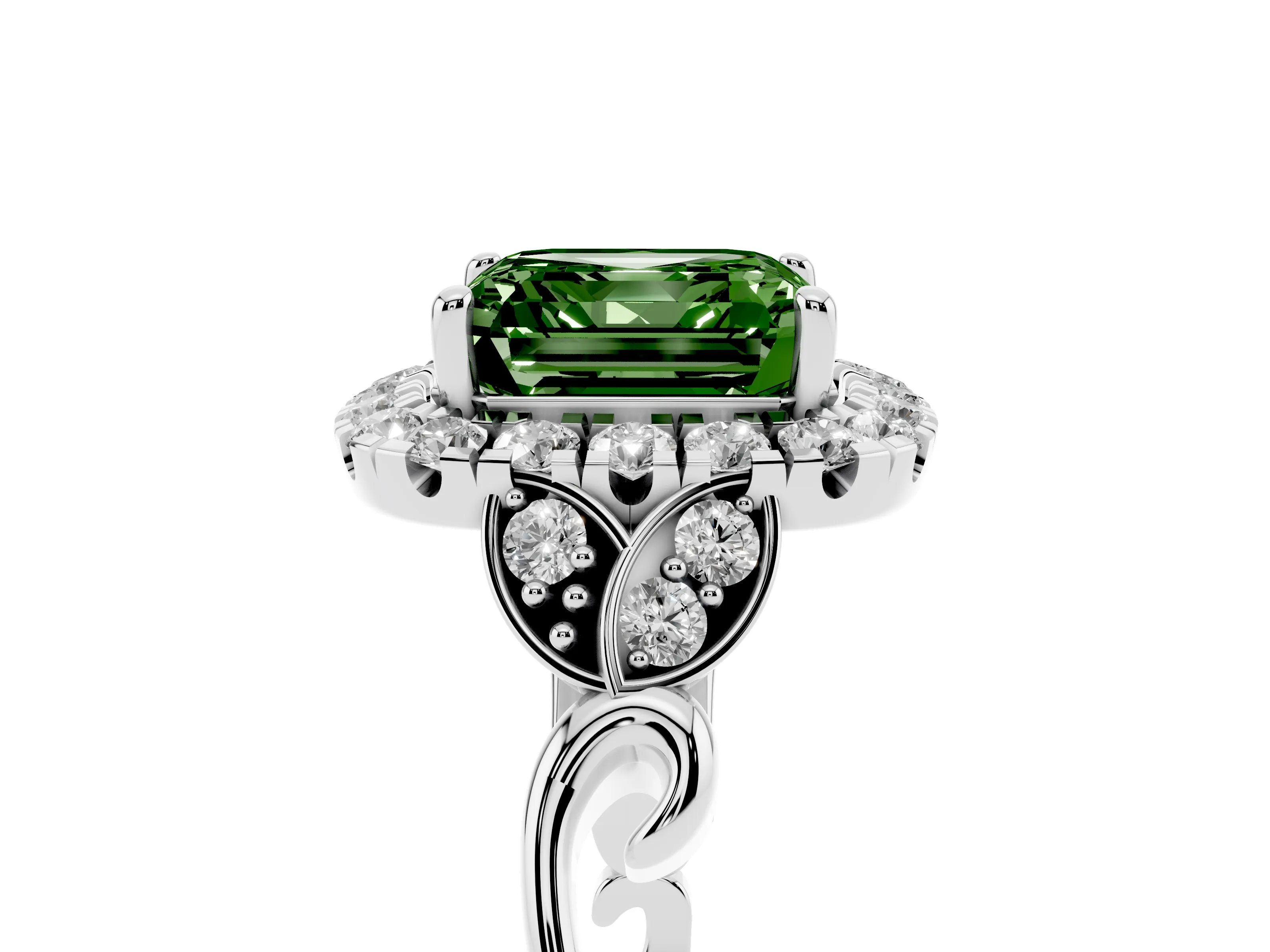 Fancy Green Asscher Cut Diamond Halo Engagement Ring Set in Silver with Vintage-Inspired Band and Prong Setting