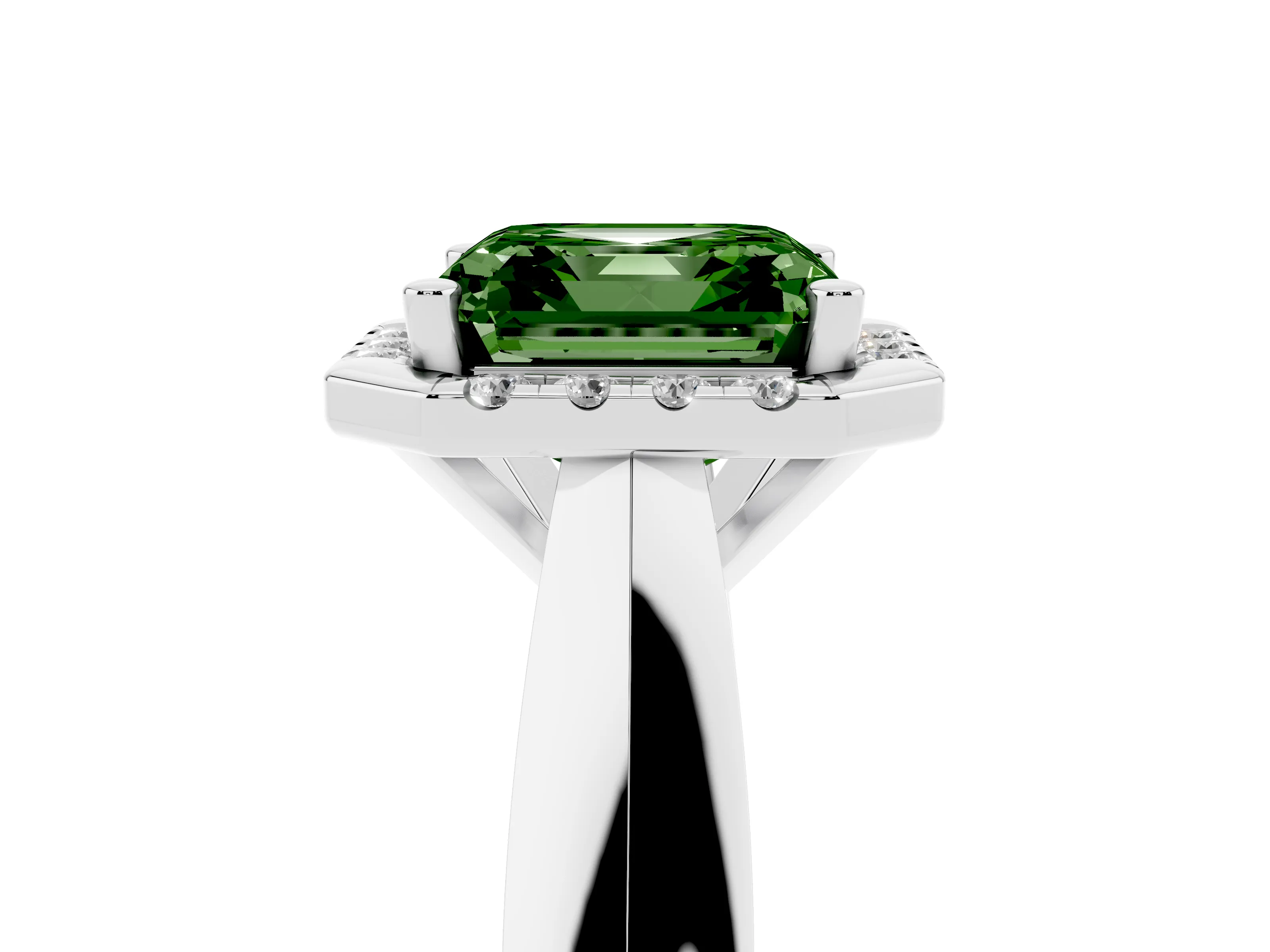 Fancy Green Asscher Cut Diamond Halo Solitaire Engagement Ring Set in Silver with Square Band and Prong Setting