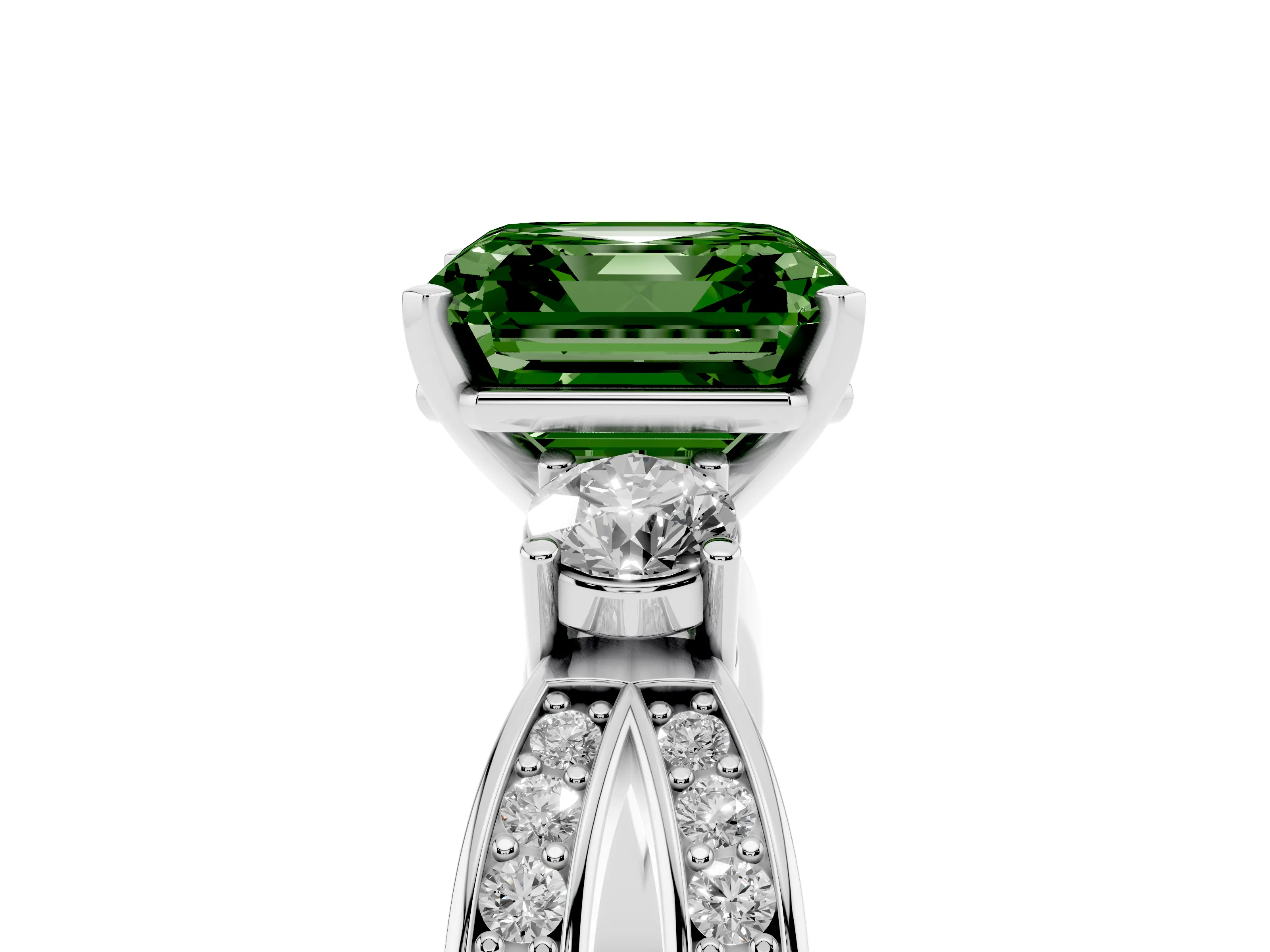 Fancy Green Three-Stone Asscher Cut Diamond Twist Band Ring Set in White gold with Pavé Accents and Prong Setting
