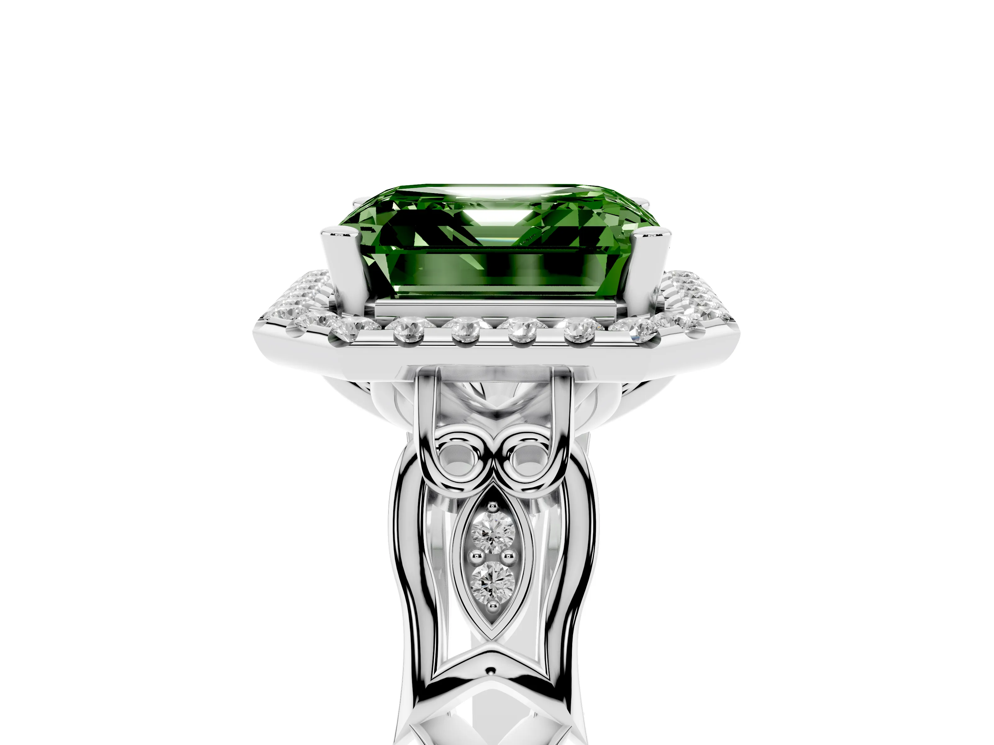 Fancy Green Asscher Cut Diamond Halo Engagement Ring Set in Platinum with Filigree Band and Prong-Set Center