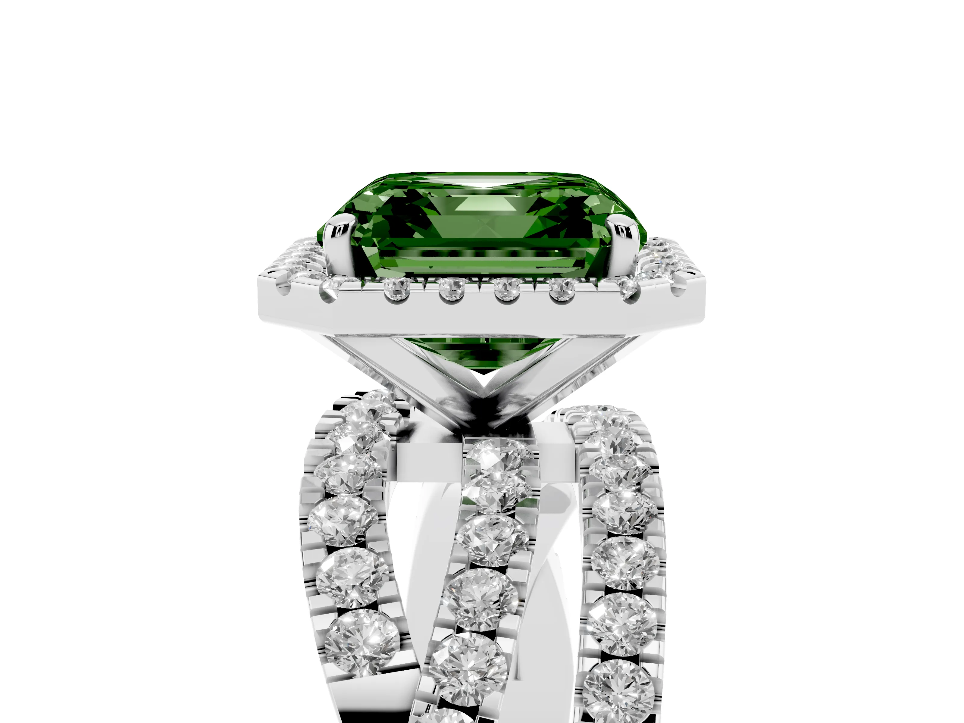 Fancy Green Asscher Cut Diamond Halo Ring Set in White gold with Round Crossover Split Shank and Prong Setting