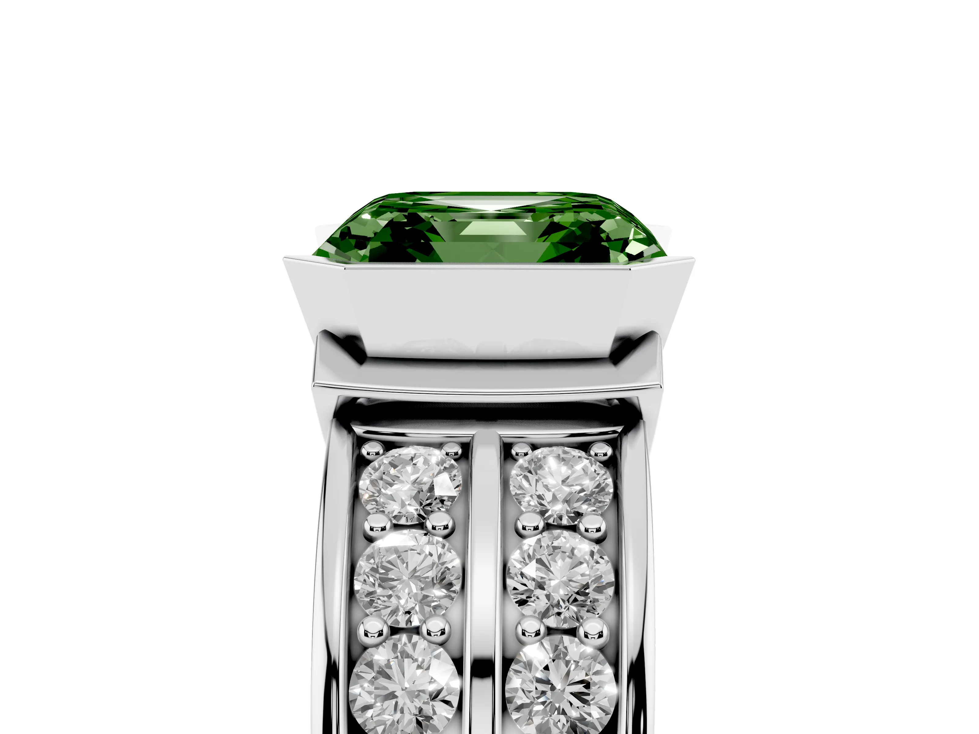 Fancy Green Asscher Cut Diamond Wide Channel Set Band Ring Set in Platinum with Bezel Setting