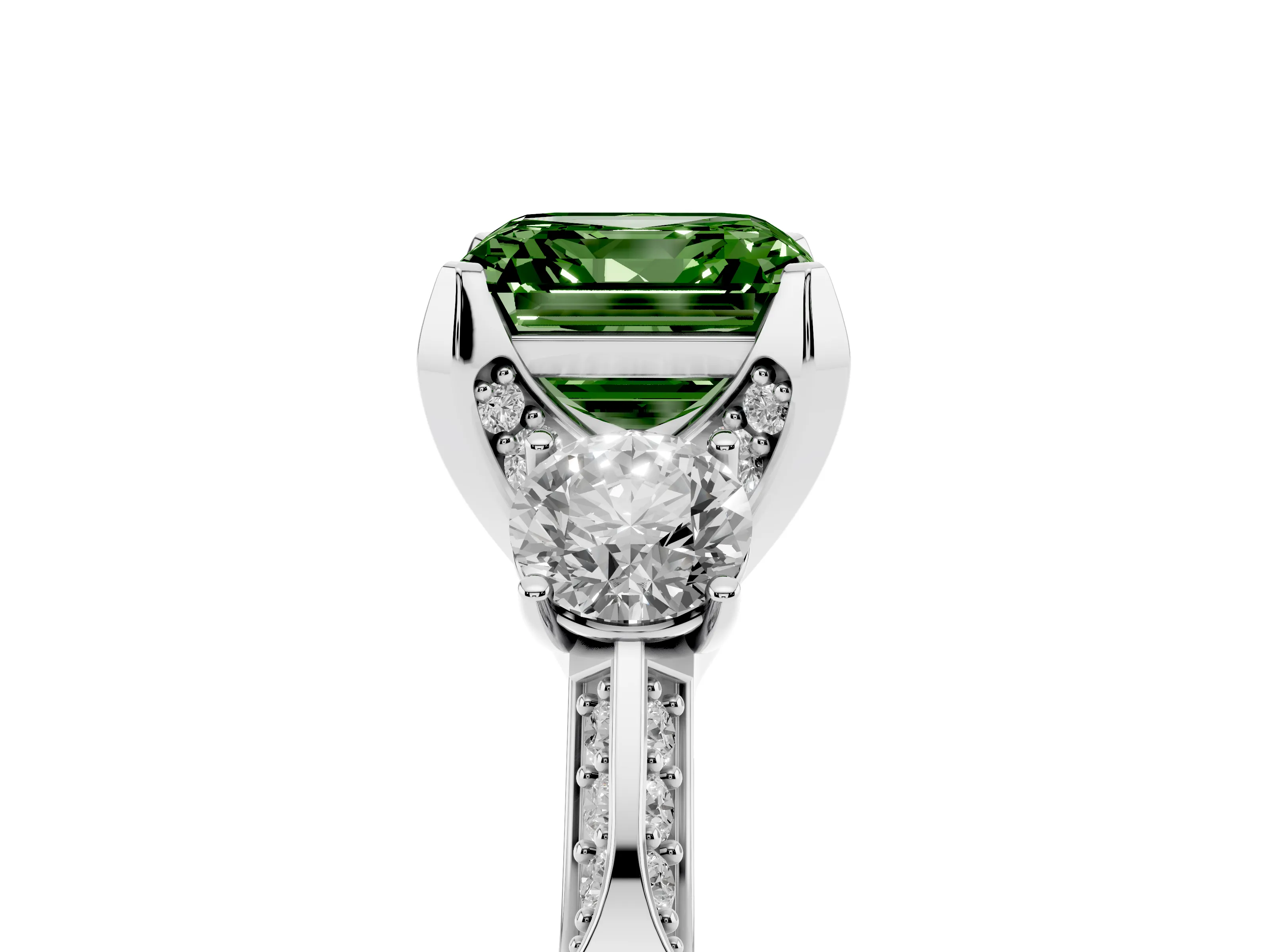 Fancy Green Asscher Cut Diamond Three-Stone Ring Set in Silver with Pavé Band and Smaller Side Stones