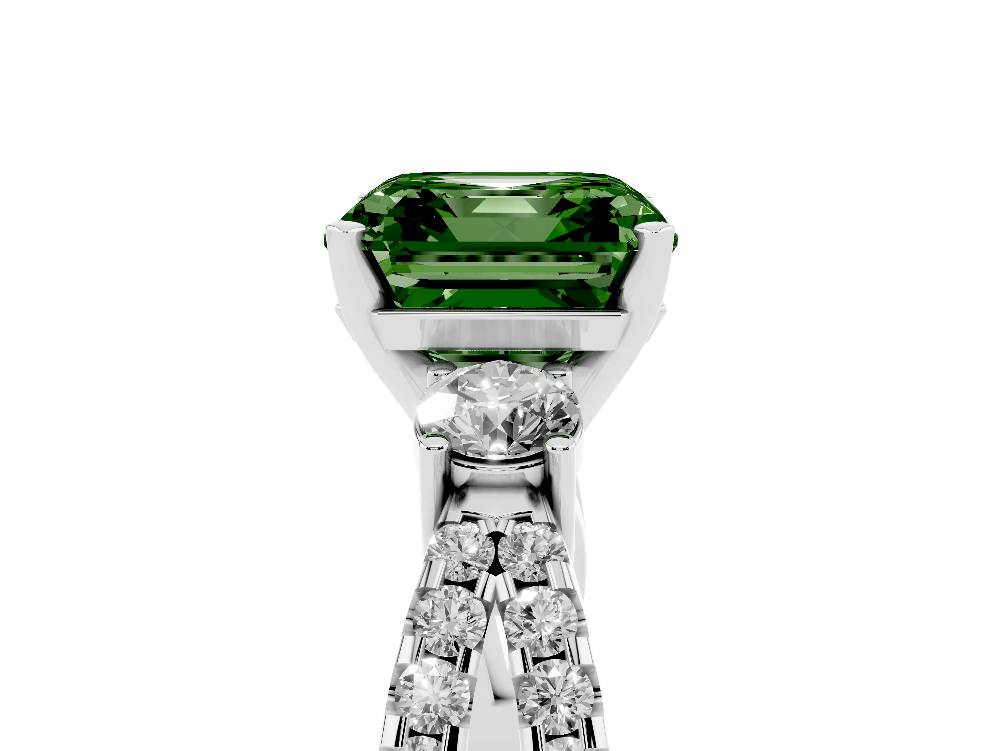 Fancy Green Asscher Cut Diamond Three-Stone Ring Set in Platinum with Pavé Split Shank and Prong Setting