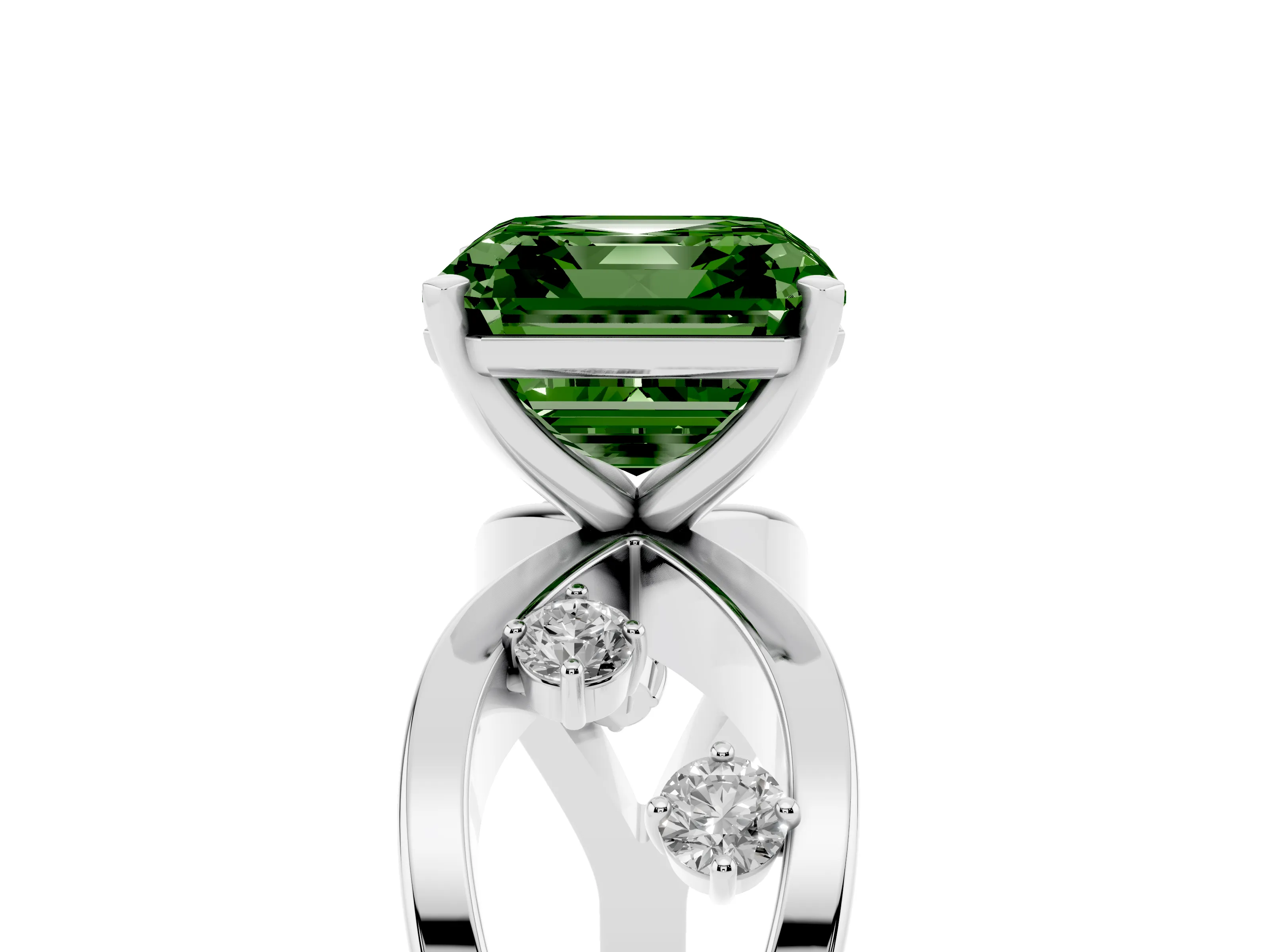 Fancy Green Asscher Cut Diamond Solitaire Ring Set in Silver with Side Stones on Criss-Cross Band and Prong Setting
