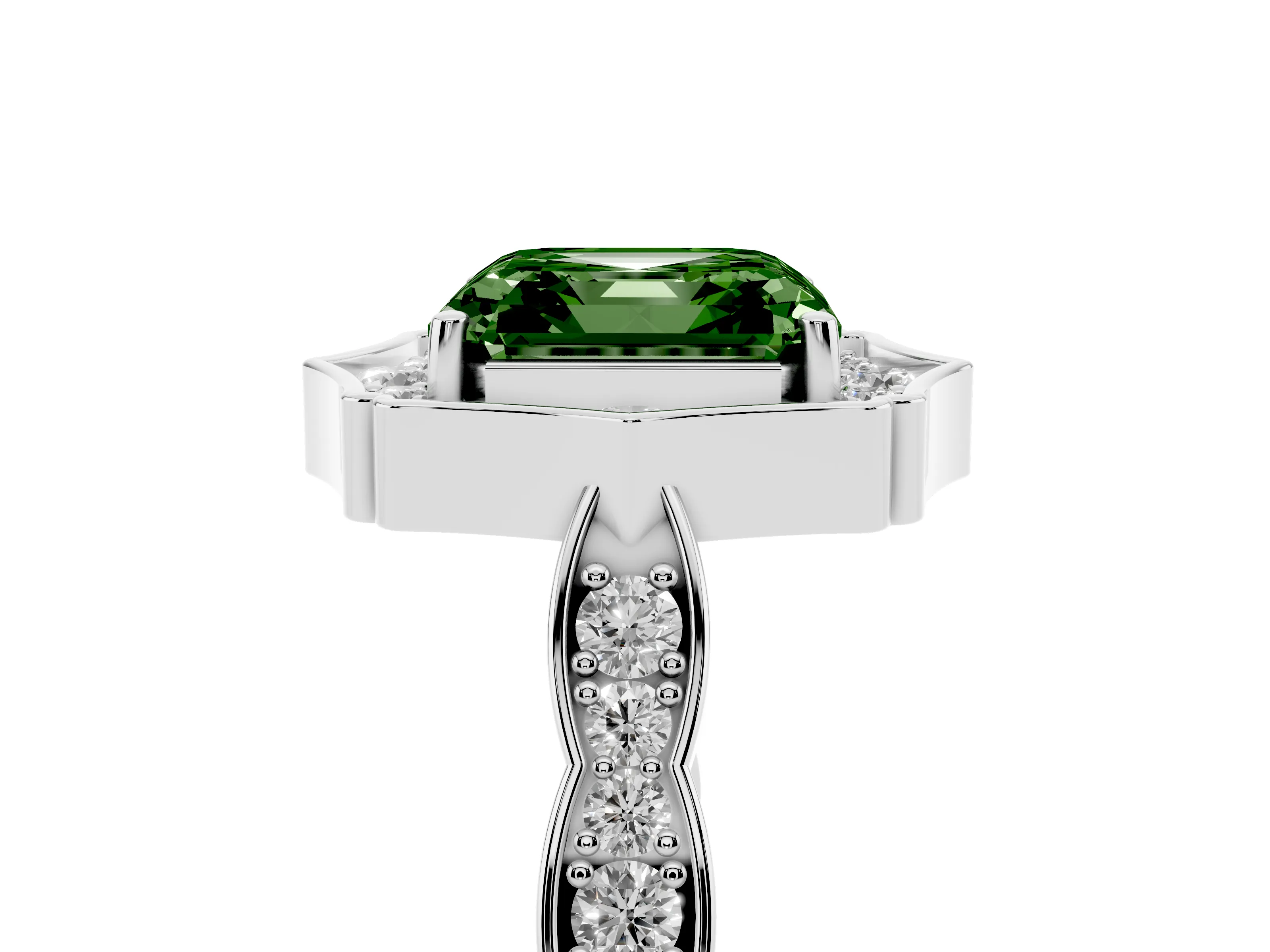 Fancy Green Asscher Cut Diamond Halo Engagement Ring Set in White gold with Milgrain Band and Prong Setting