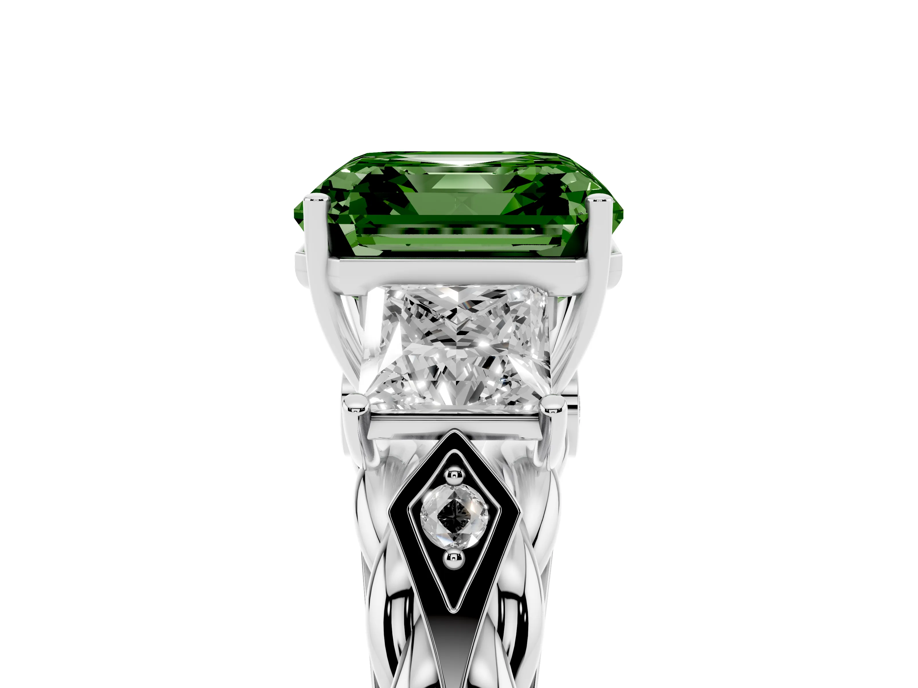 Fancy Green Asscher Cut Diamond Three-Stone Ring Set in White gold with Braided Band