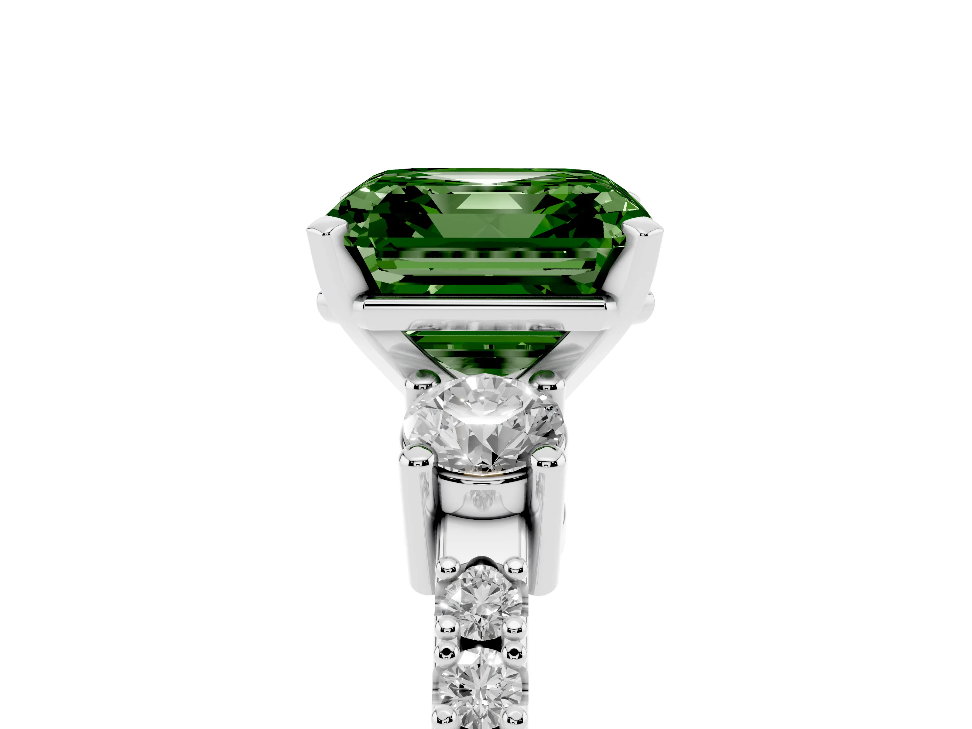 Fancy Green Three-Stone Asscher Cut Diamond Pavé Band Ring Set in Silver with Prong Setting
