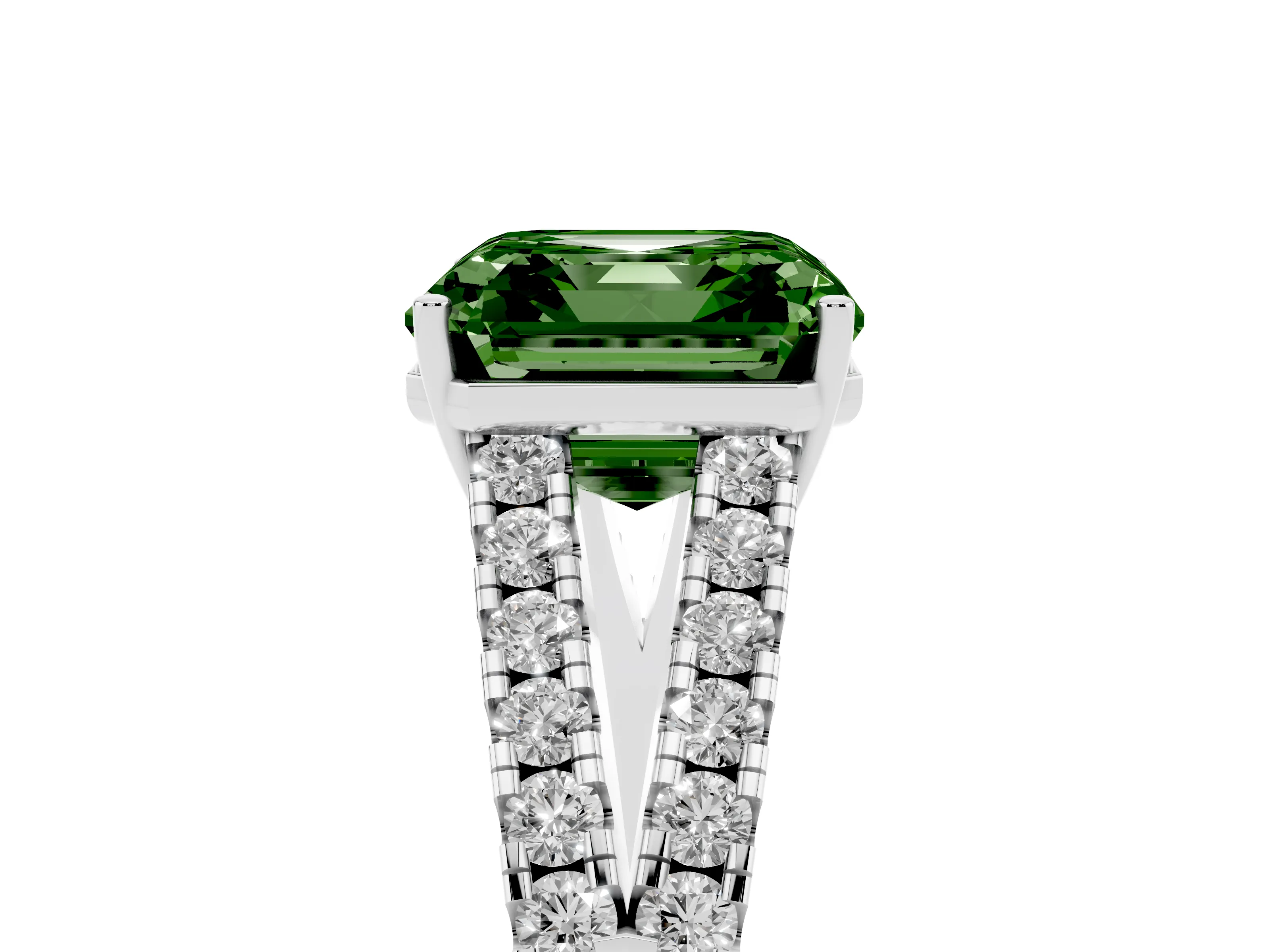 Fancy Green Asscher Cut Diamond Split Shank Pavé Engagement Ring Set in Silver with Prong-Held Center Stone