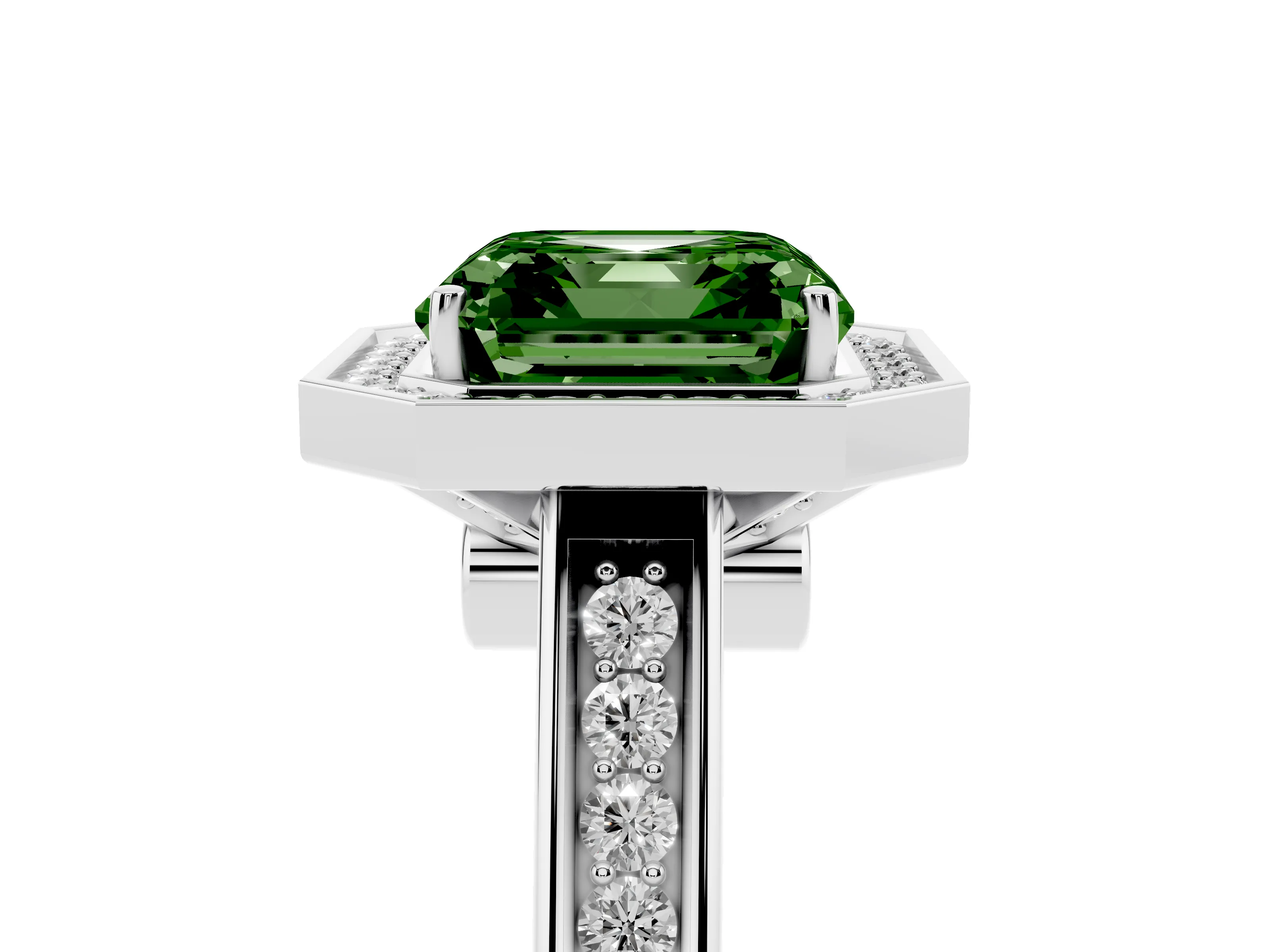 Fancy Green Asscher Cut Diamond Halo Solitaire Ring Set in Platinum with Pavé Band and Bezel Setting