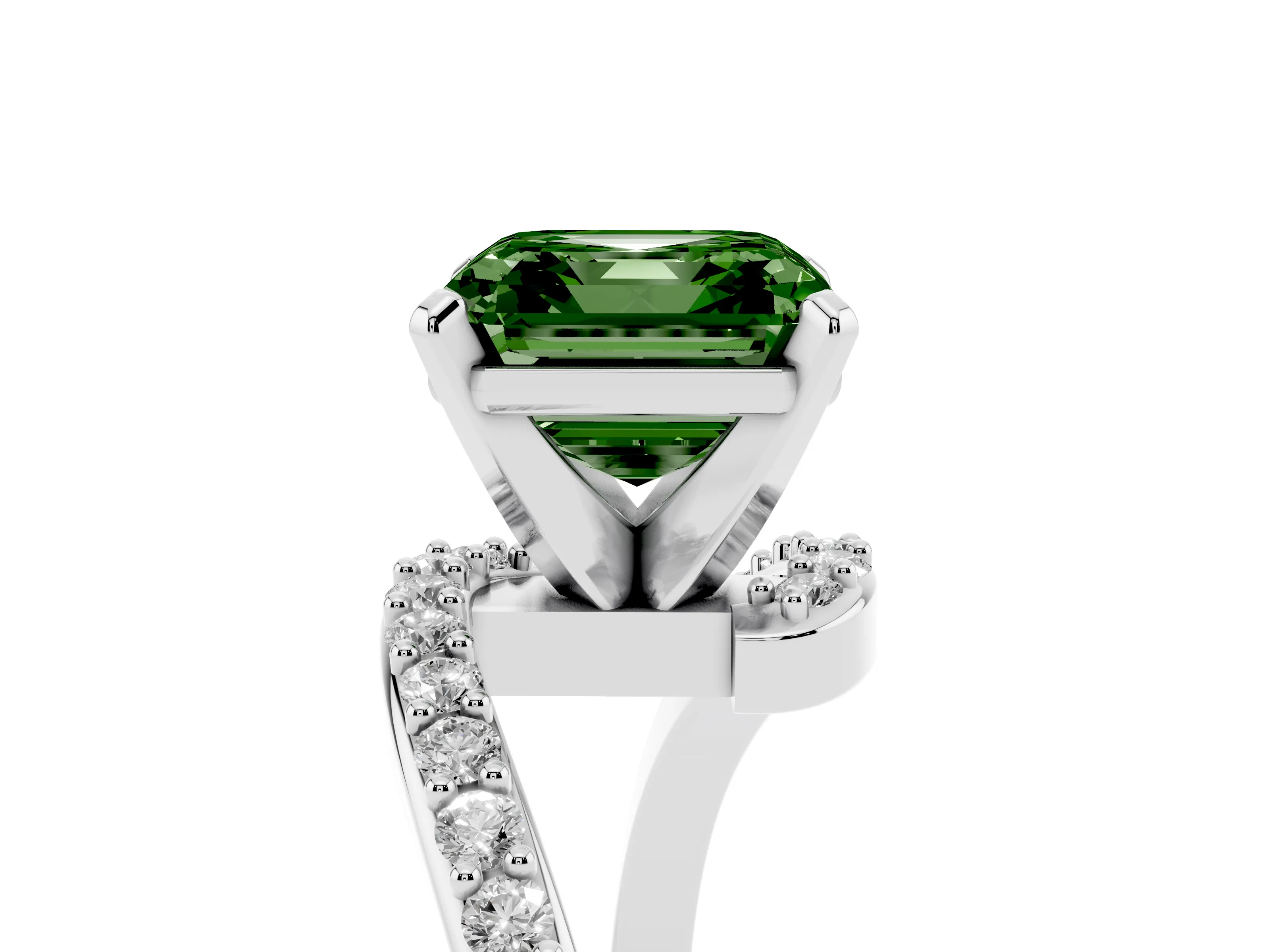 Fancy Green Asscher Cut Diamond Solitaire Ring Set in Platinum with Pavé Twist Band and Prong Setting